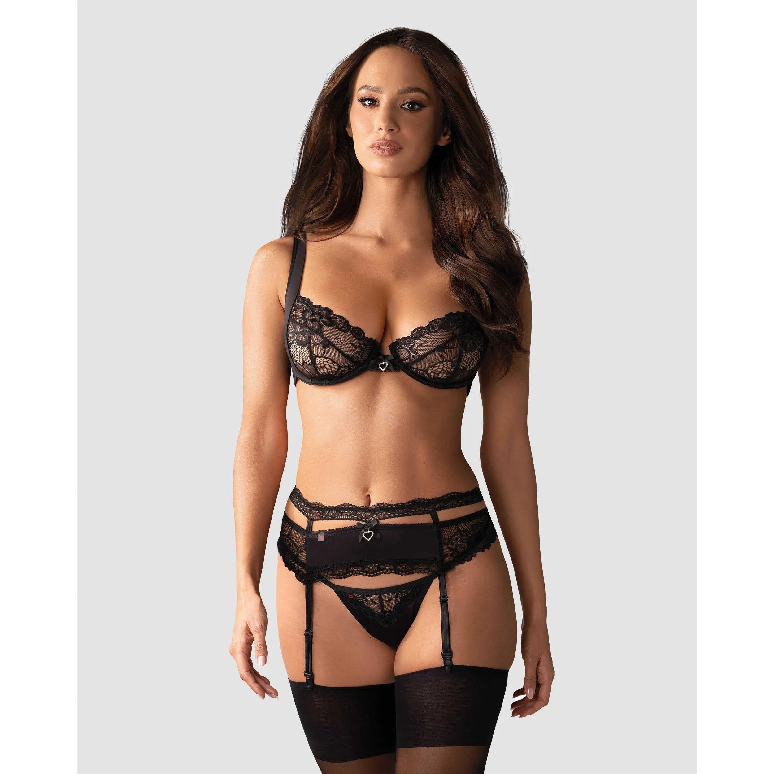 Heartina Ensemble 3 pcs Noir dentelle sensuelle ajustable charme féminin sexy