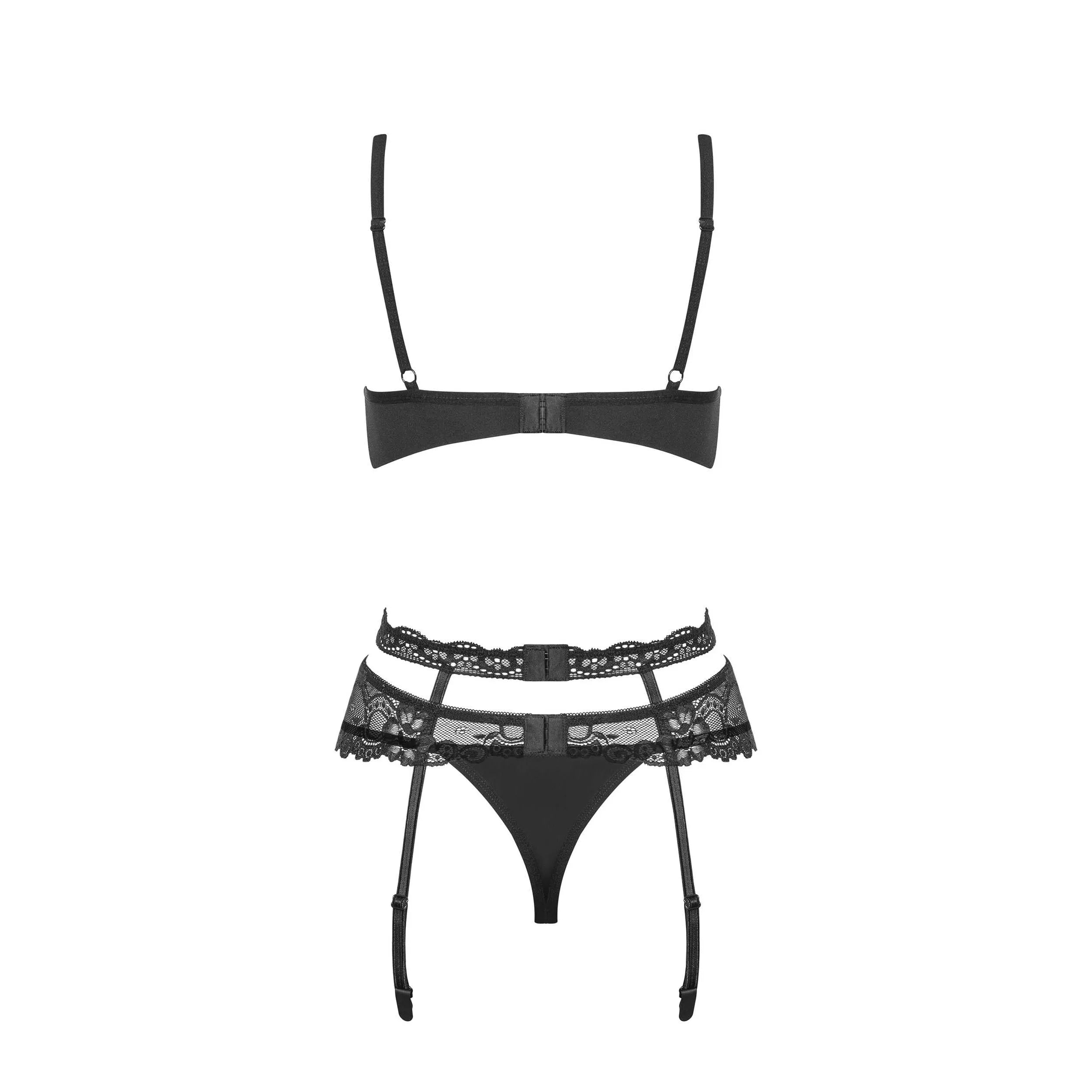 Heartina Ensemble 3 pcs Noir dentelle sensuelle ajustable charme féminin sexy