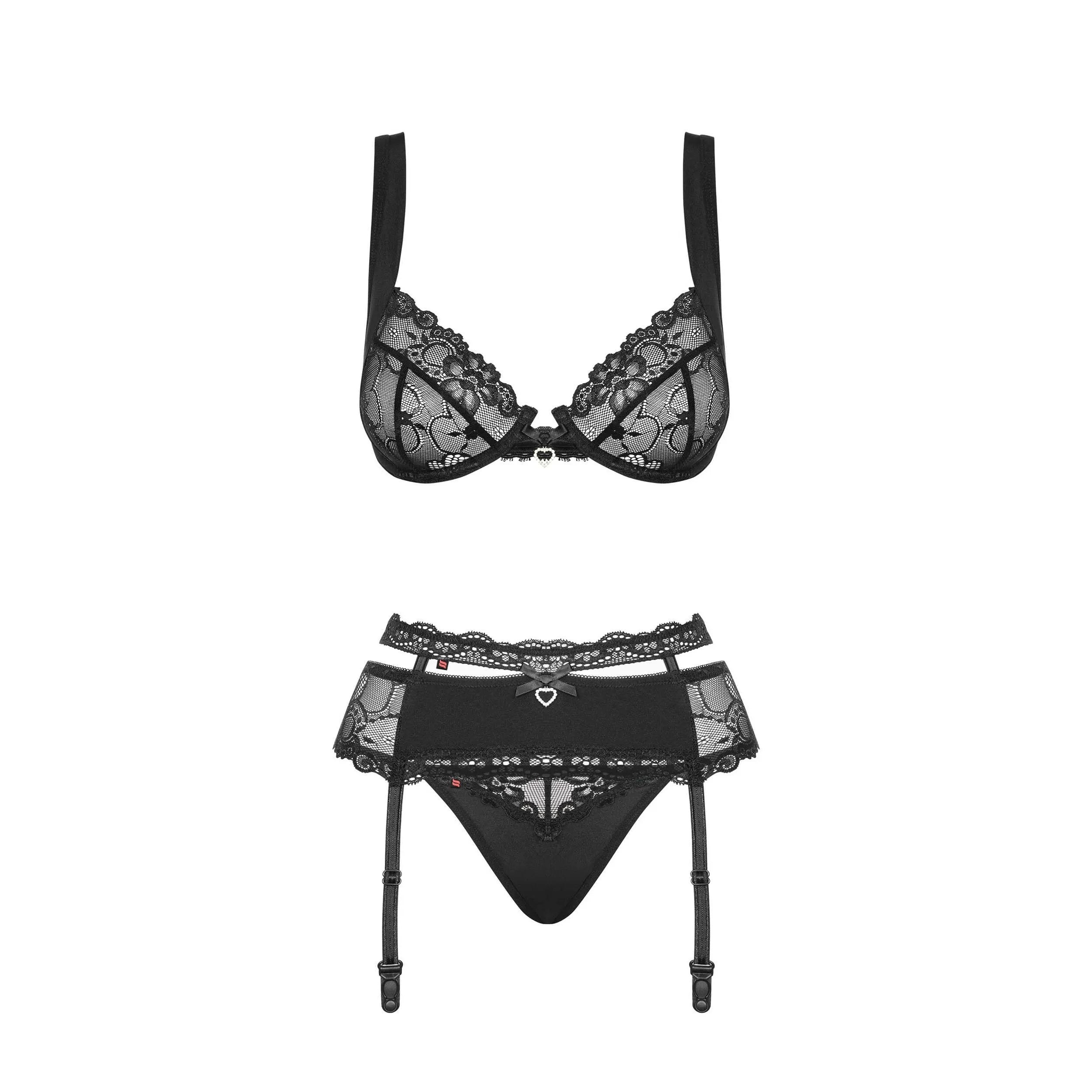 Heartina Ensemble 3 pcs Noir dentelle sensuelle ajustable charme féminin sexy