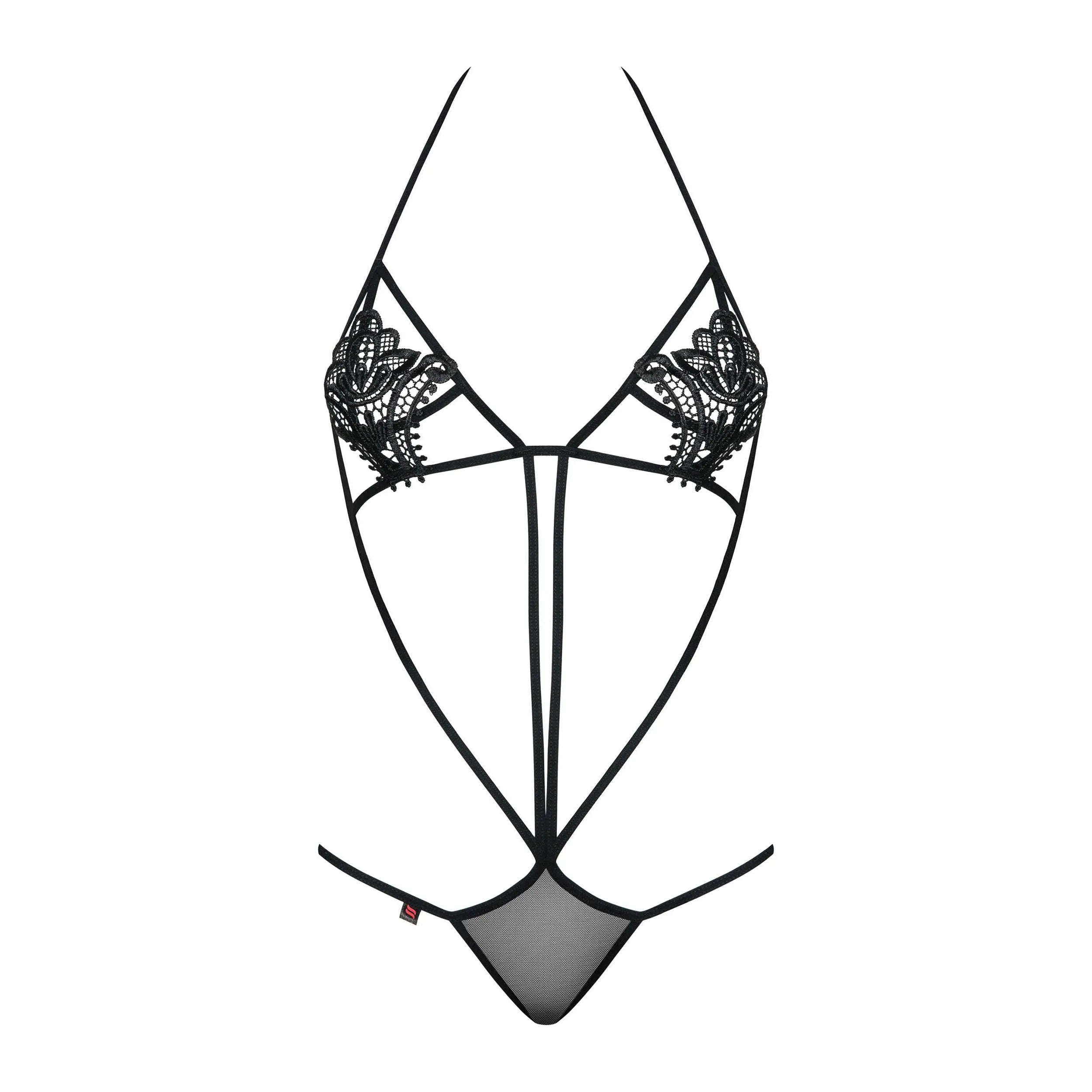Body noir Obsessive avec broderie florale, lanières en polyester et élasthanne, design audacieux et séduisant.