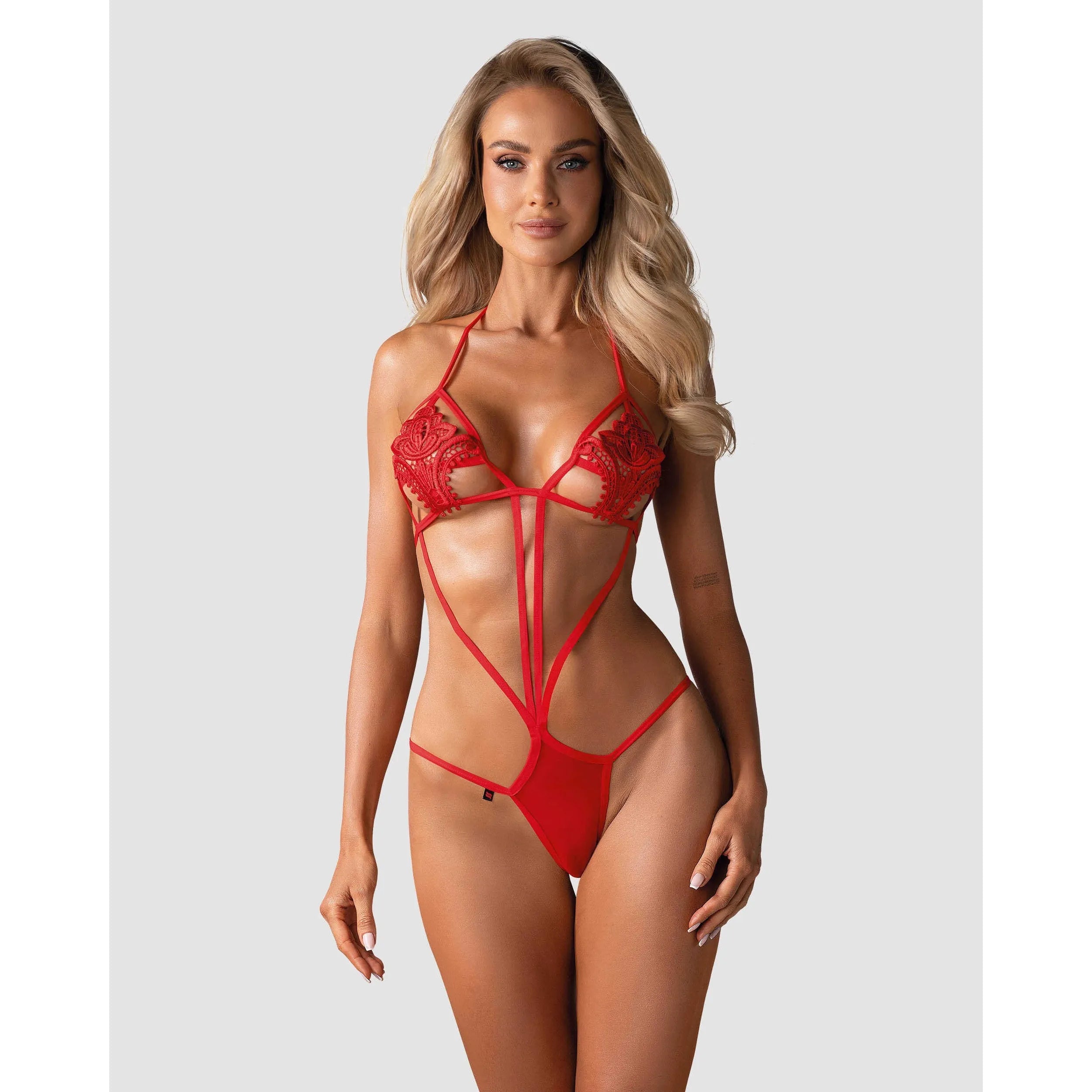 Body rouge Obsessive avec broderie florale, fines lanières, mettant en valeur les courbes féminines pour une allure sensue...