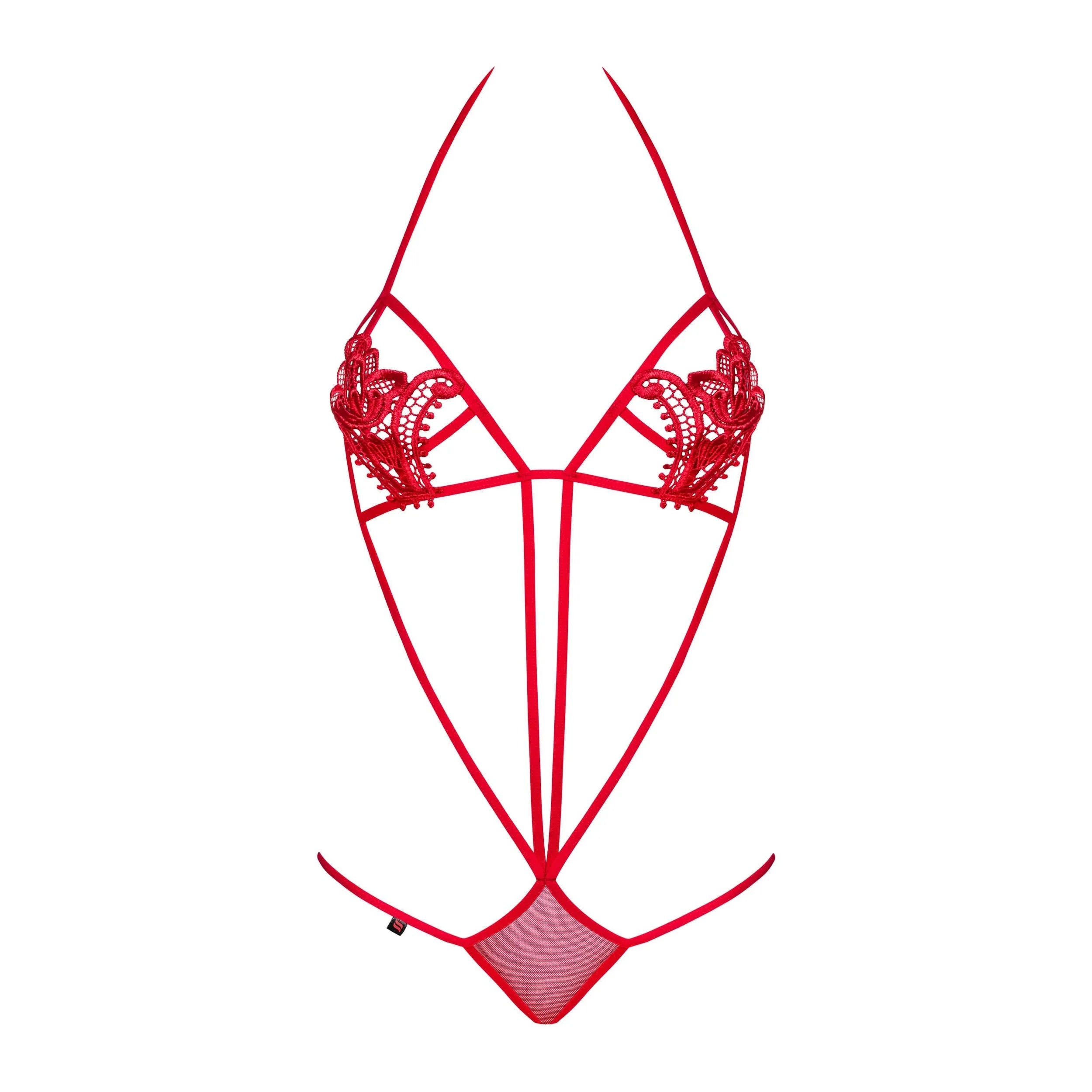 Body rouge broderie florale, fines lanières, design sensuel et captivant, met en valeur les courbes féminines.
