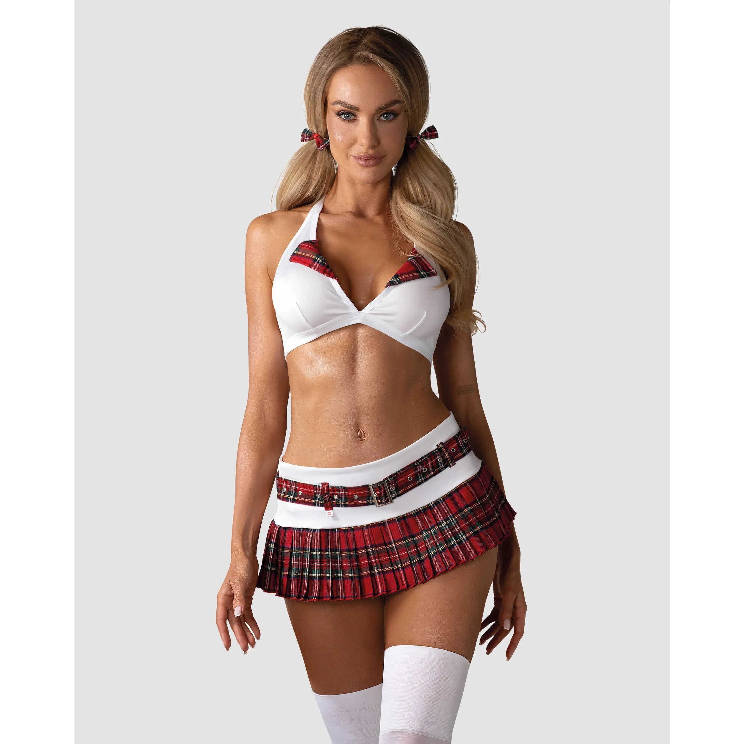 Sexy costume écolière rouge blanc décolleté profond mini jupe fleurie