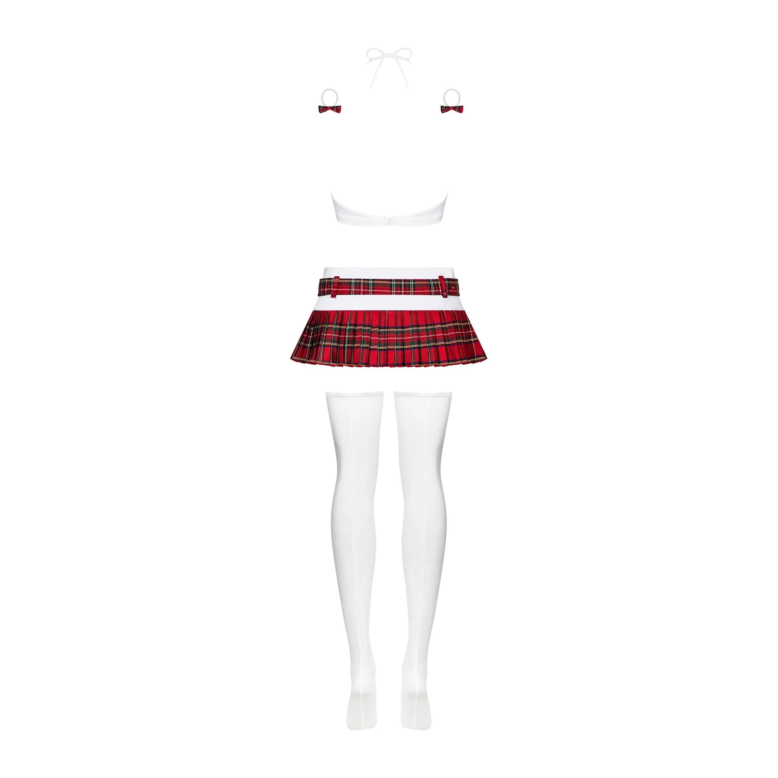 Sexy costume écolière rouge blanc décolleté profond mini jupe fleurie