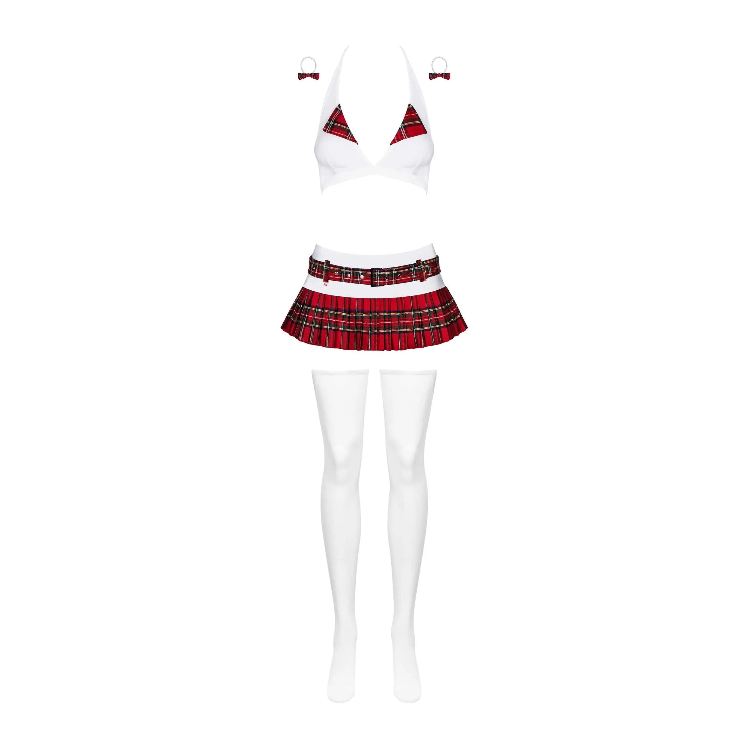 Sexy costume écolière rouge blanc décolleté profond mini jupe fleurie