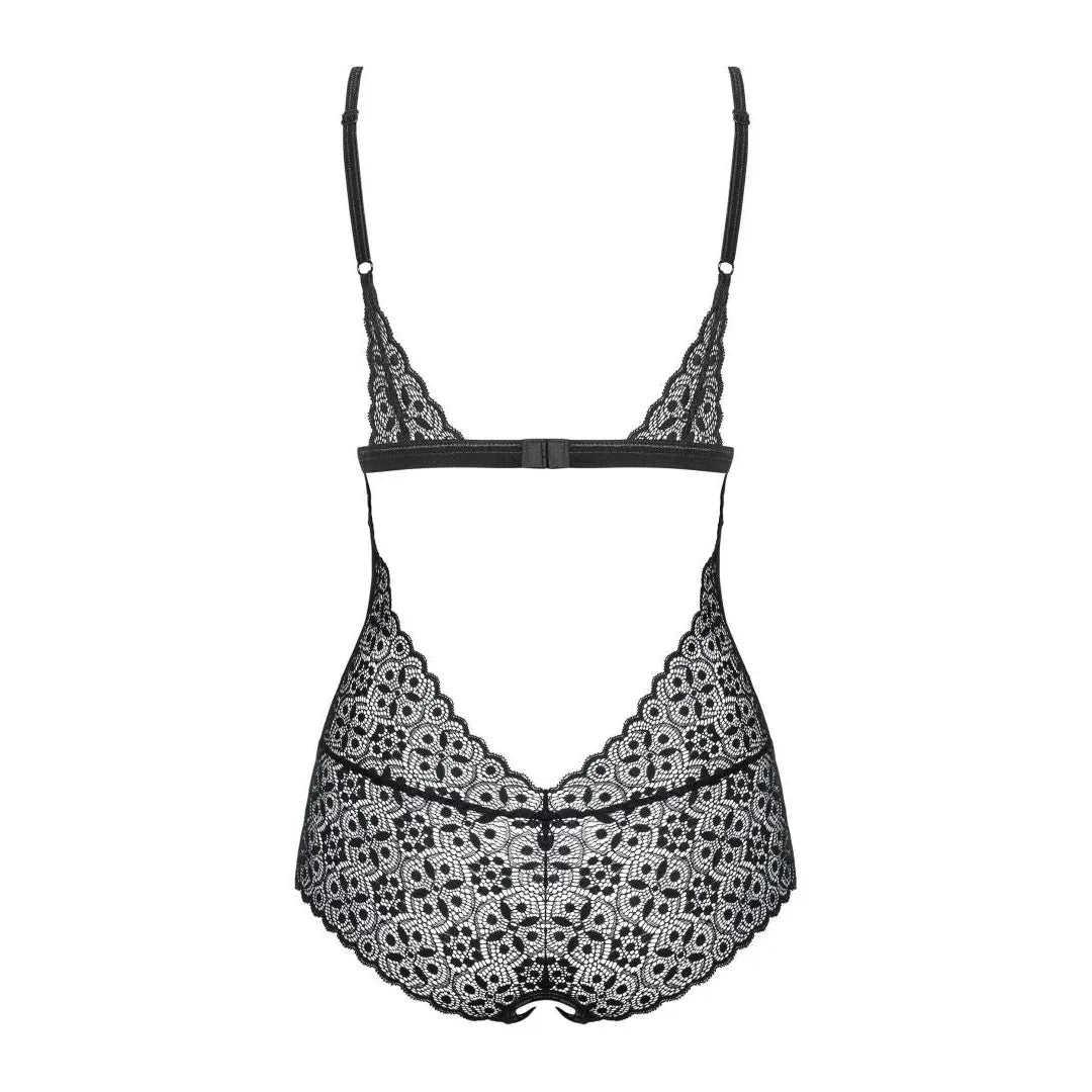 Body noir dentelle géométrique, maille transparente, bretelles réglables, design ouvert, élégant et sexy.