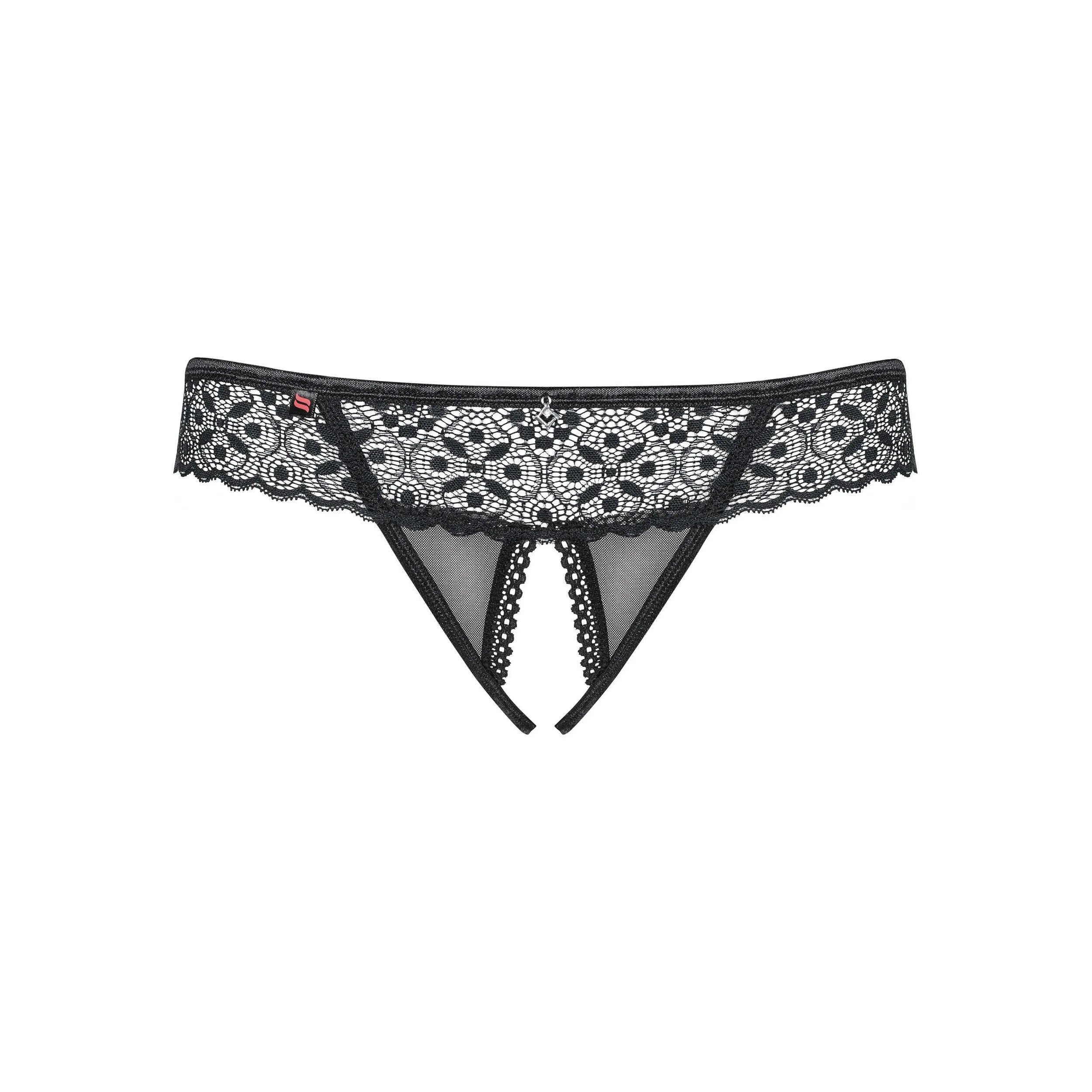 String ouvert noir dentelle géométrique soirée romantique entrejambe ouvert