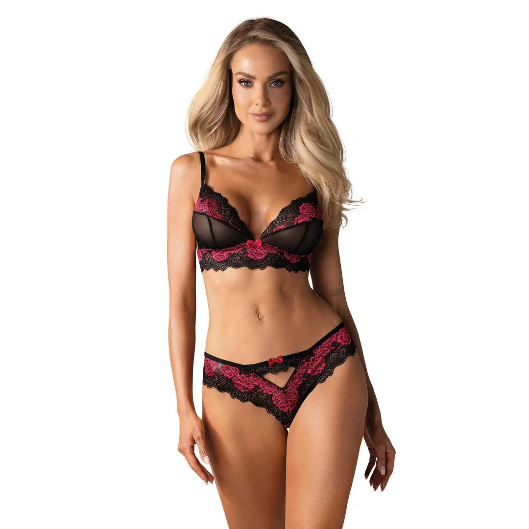 Ensemble lingerie sexy dentelle noire fuchsia bretelles réglables noeuds roses