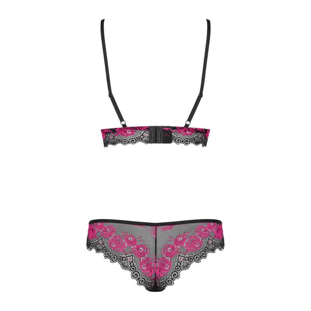 Ensemble lingerie sexy dentelle noire fuchsia bretelles réglables noeuds roses