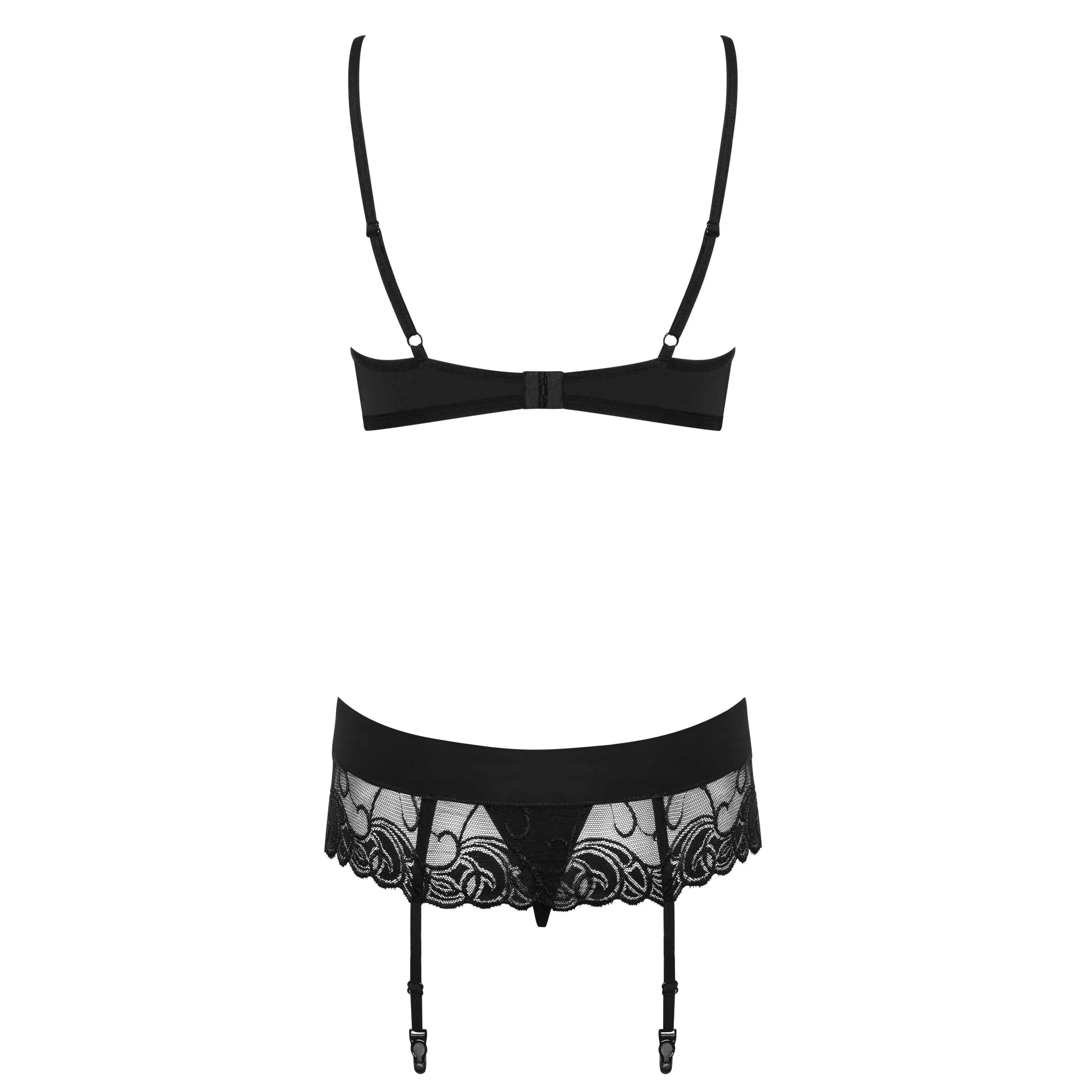 Ensemble lingerie sexy noir 3 pièces push-up dentelle satin Wonderia Obsessive