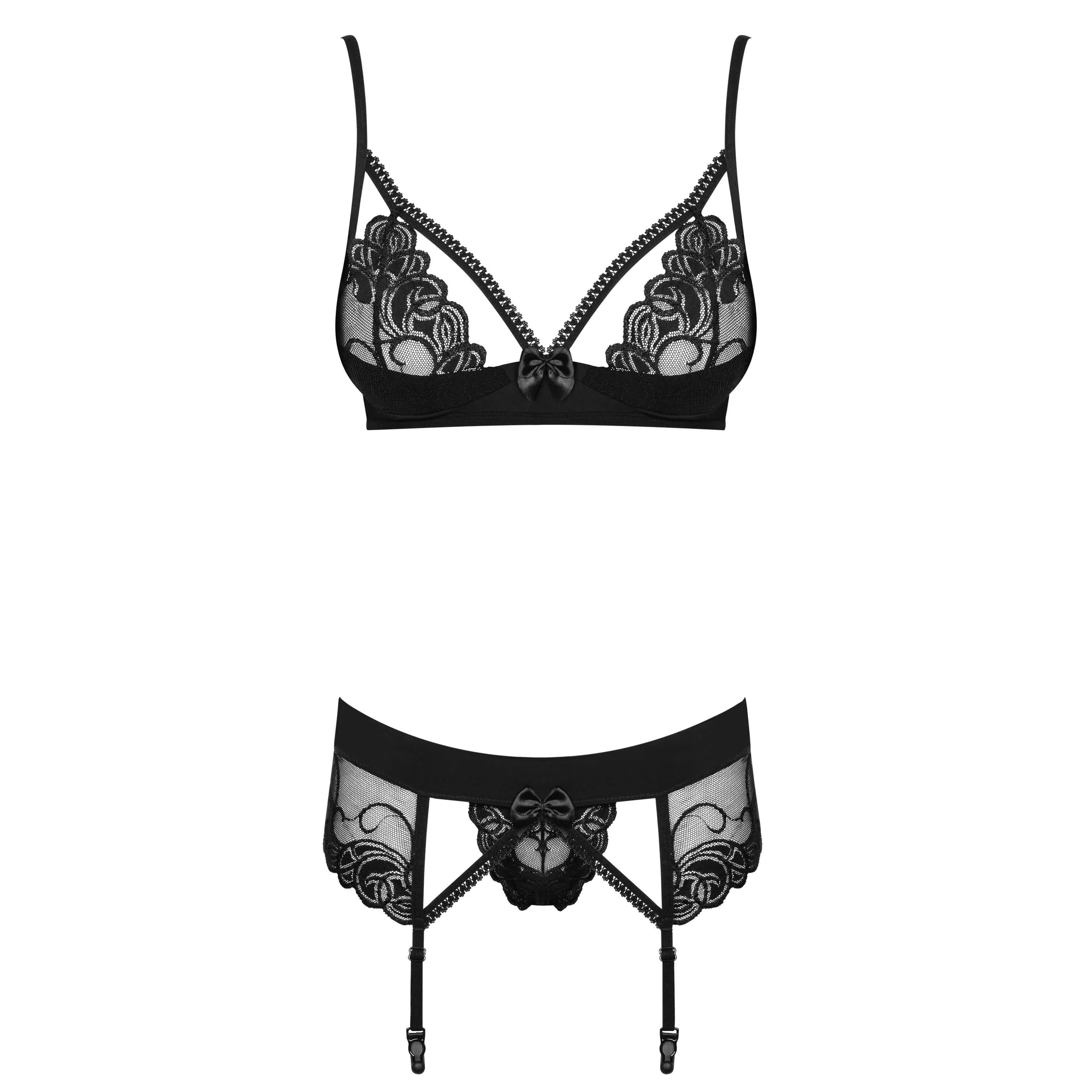 Ensemble lingerie sexy noir 3 pièces push-up dentelle satin Wonderia Obsessive