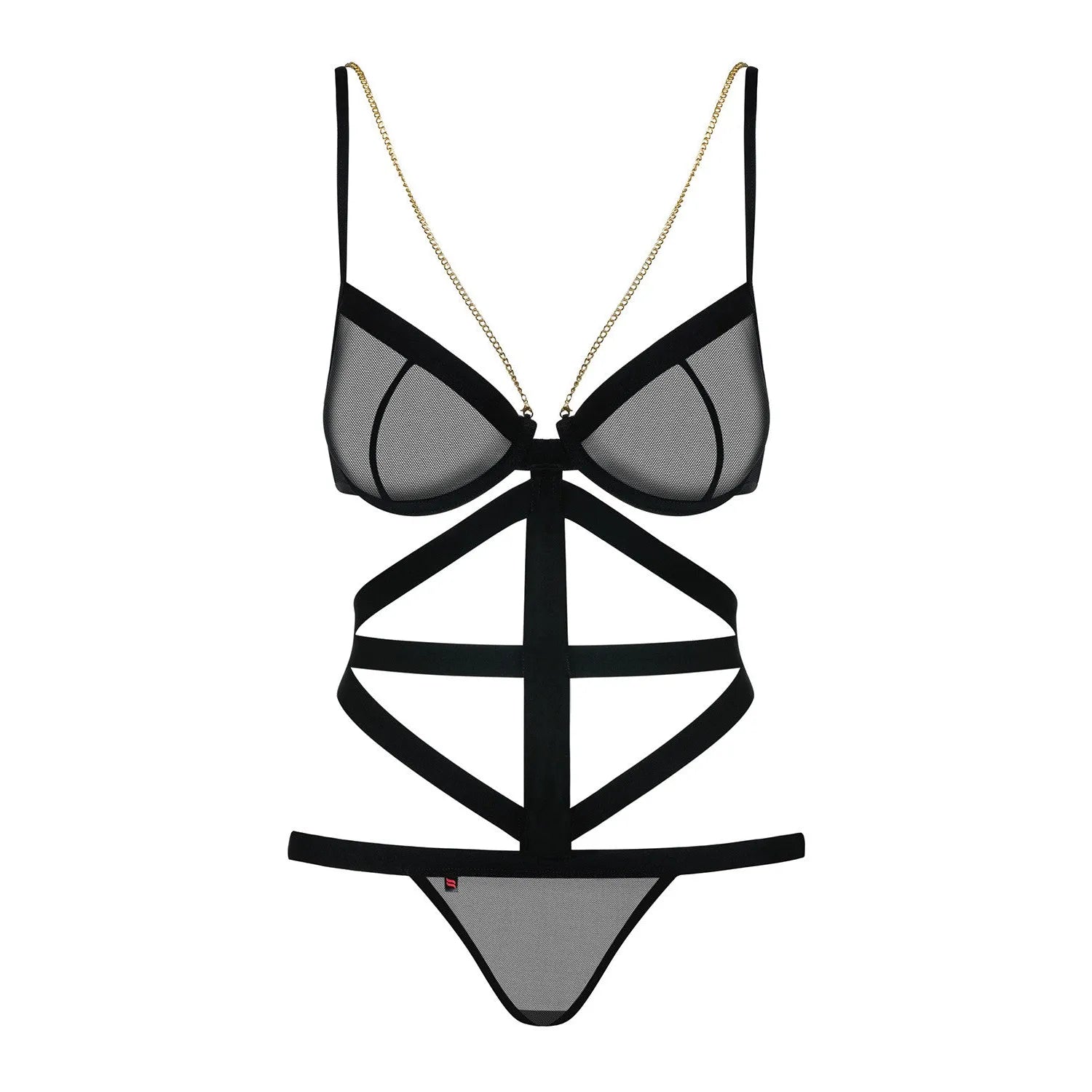 Body string noir sexy avec chaînes bijoux dorées, design élégant et sensuel, mettant en valeur la silhouette féminine.