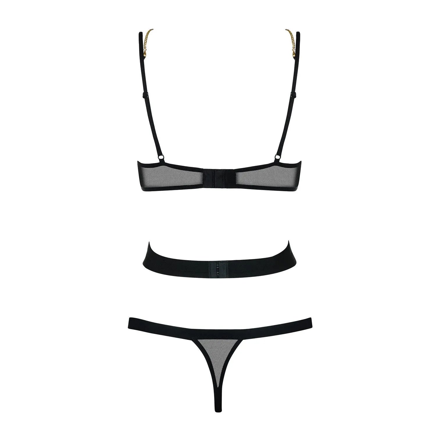 Body string noir avec chaîne bijoux, design élégant et sensuel, sublimant la silhouette pour une séduction irrésistible.