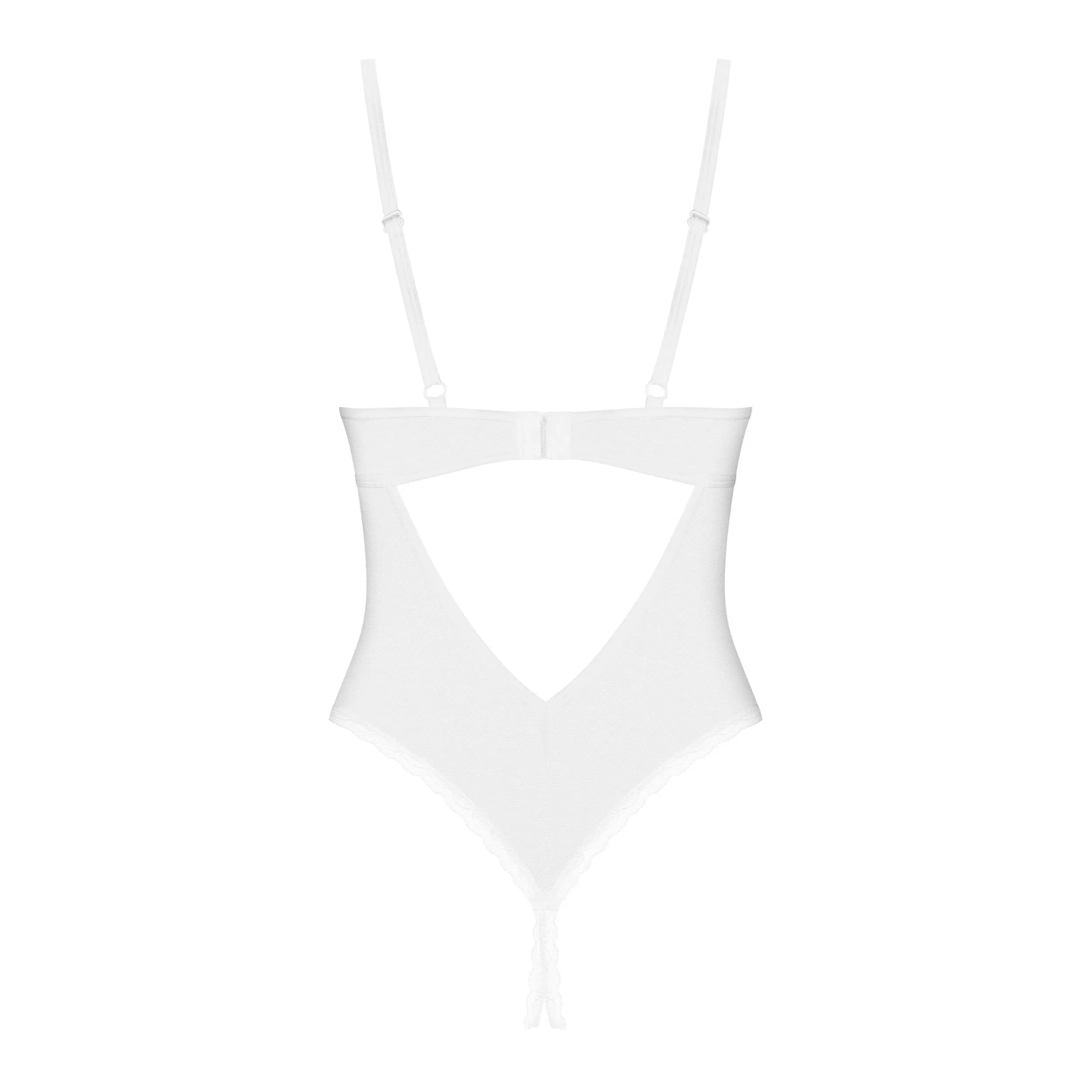Body Alissium blanc neige, dentelle géométrique, entrejambe ouvert, design élégant, bretelles fines ajustables.
