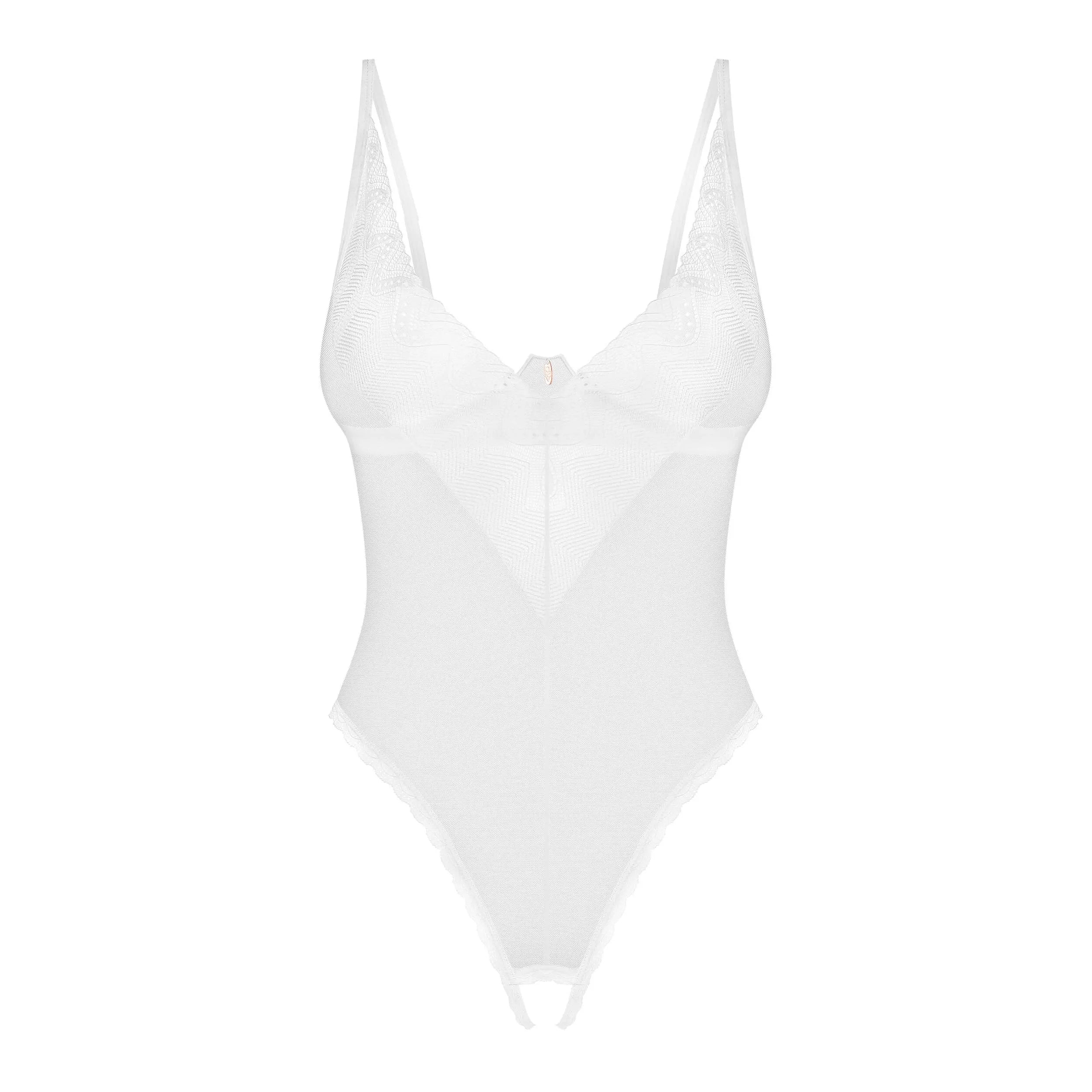 Body Alissium blanc neige, dentelle géométrique, entrejambe ouvert, décolleté profond, design élégant et sensuel.