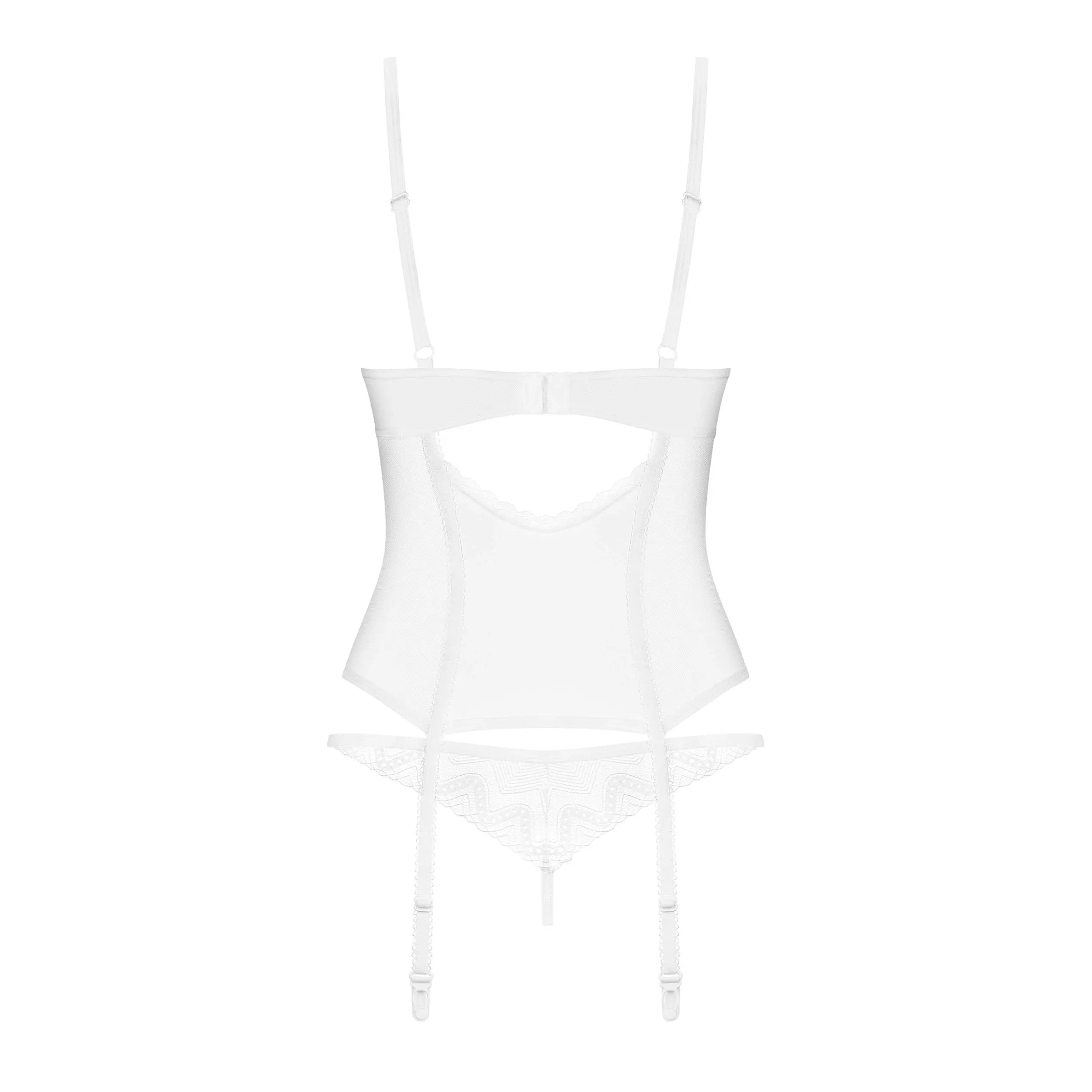 Corset et string Alissium blancs, dentelle délicate, armatures, bretelles ajustables, fermeture arrière, accents or rose.