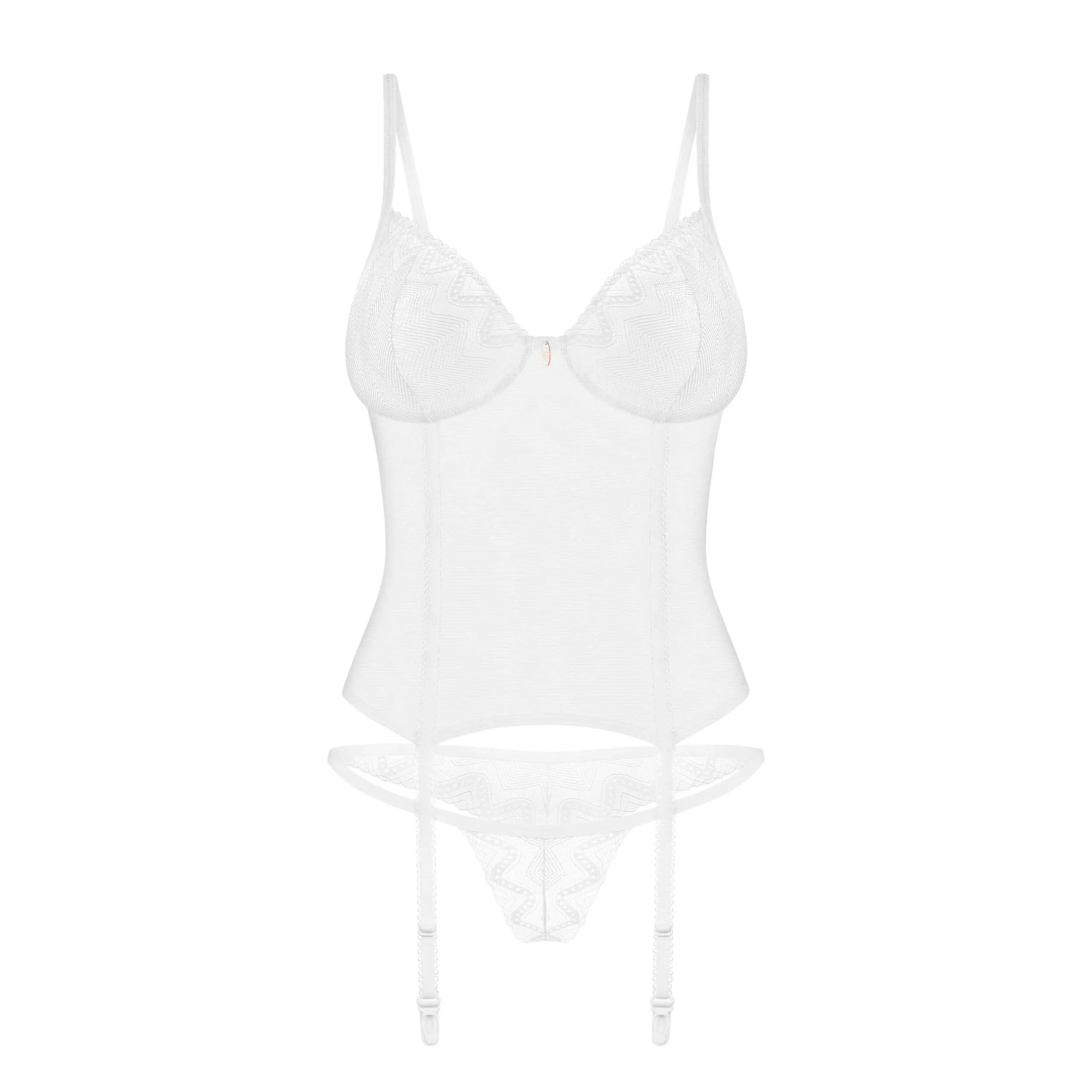 Corset et string blancs Alissium, dentelle transparente, armatures, bretelles ajustables, détails or rose, élégant et sédu...