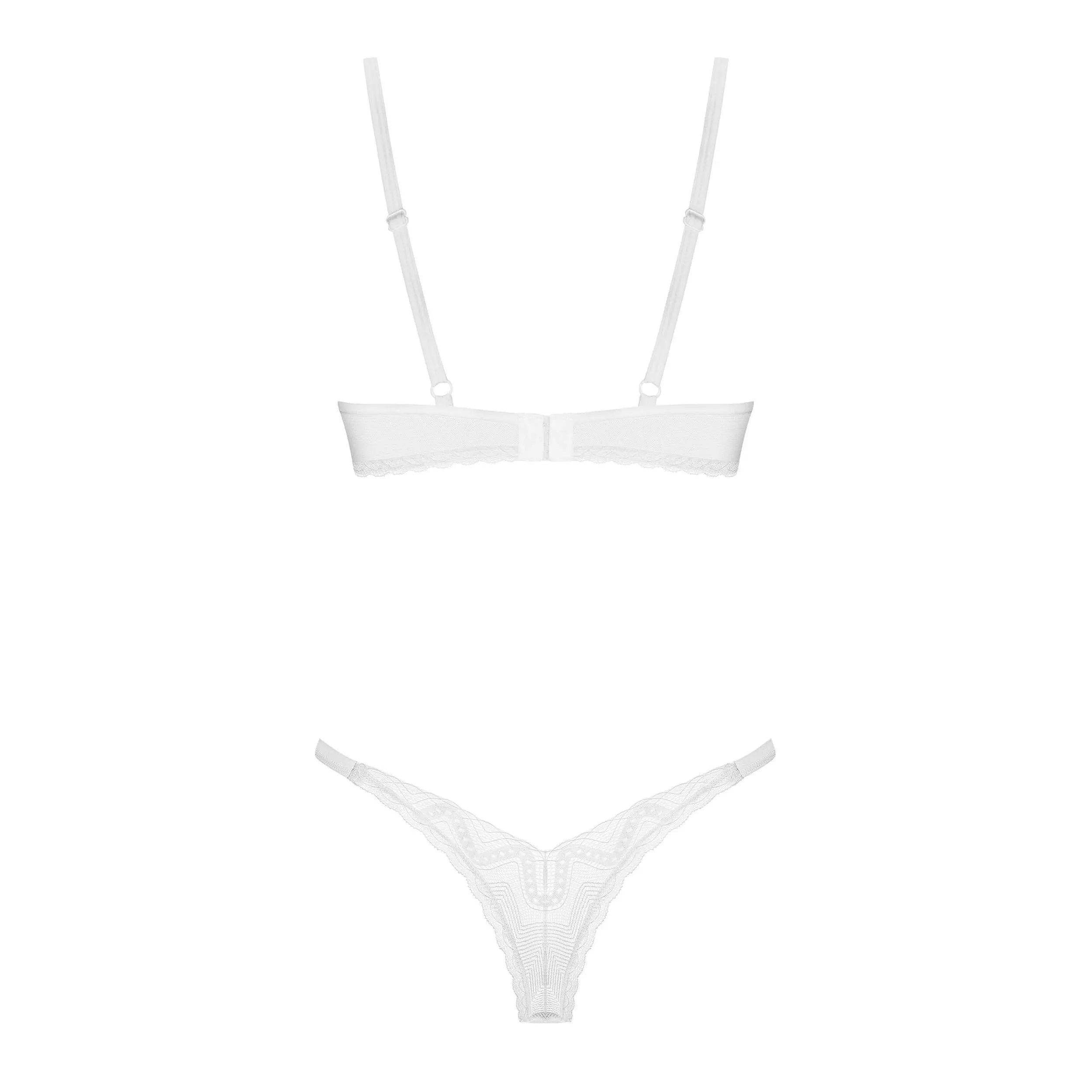 Ensemble lingerie blanc Alissium, dentelle géométrique, soutien-gorge à armature, string assorti, bretelles réglables.