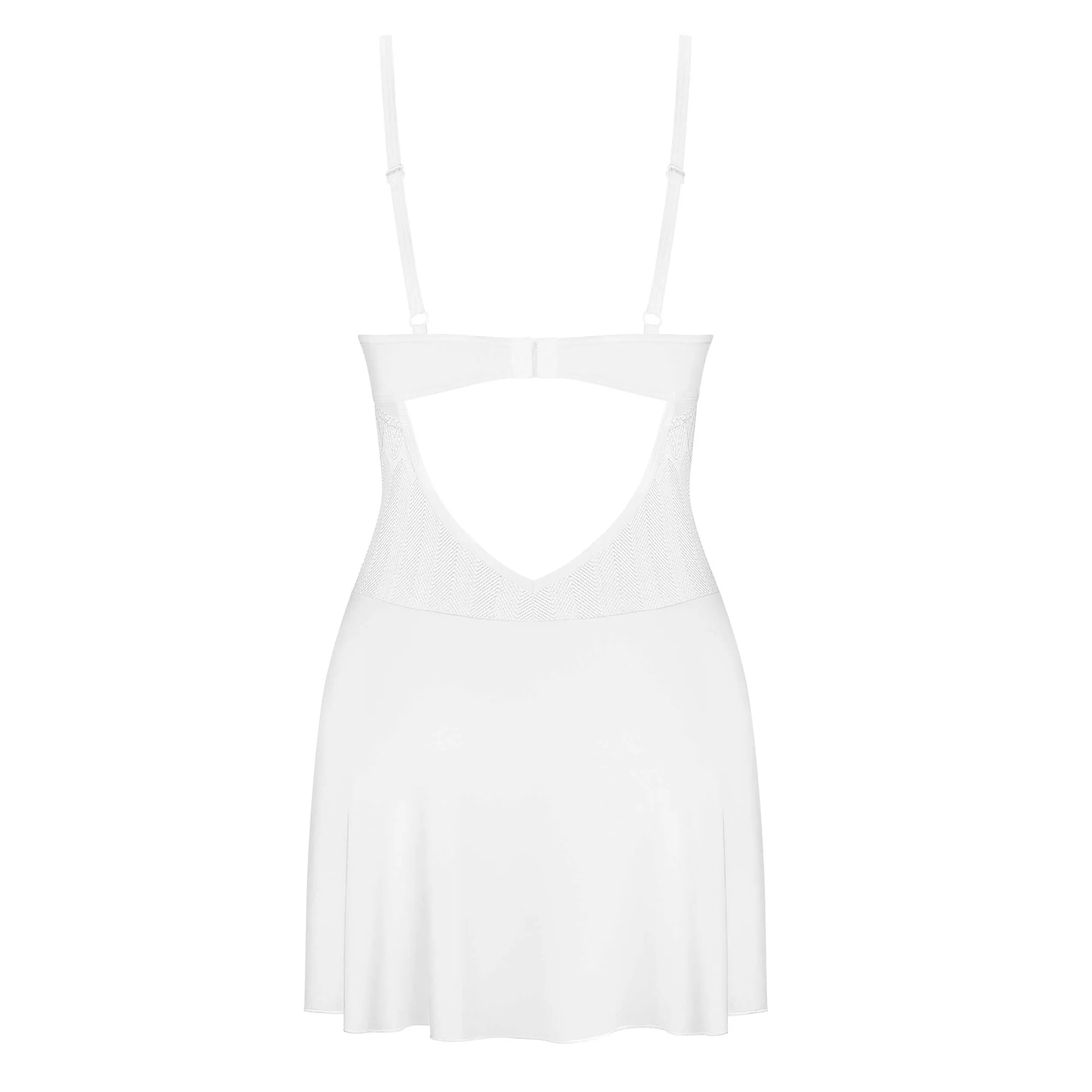 Nuisette blanche Alissium avec bonnets à armatures et string assorti, design minimaliste et élégant en matériaux délicats.
