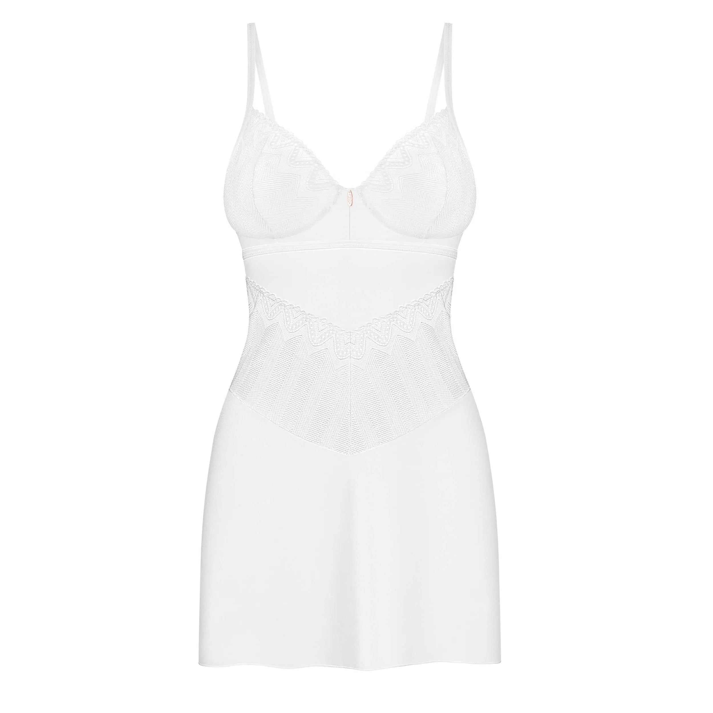 Nuisette blanche Alissium avec bonnets à armatures, design minimaliste et élégant, accompagnée d'un string assorti.