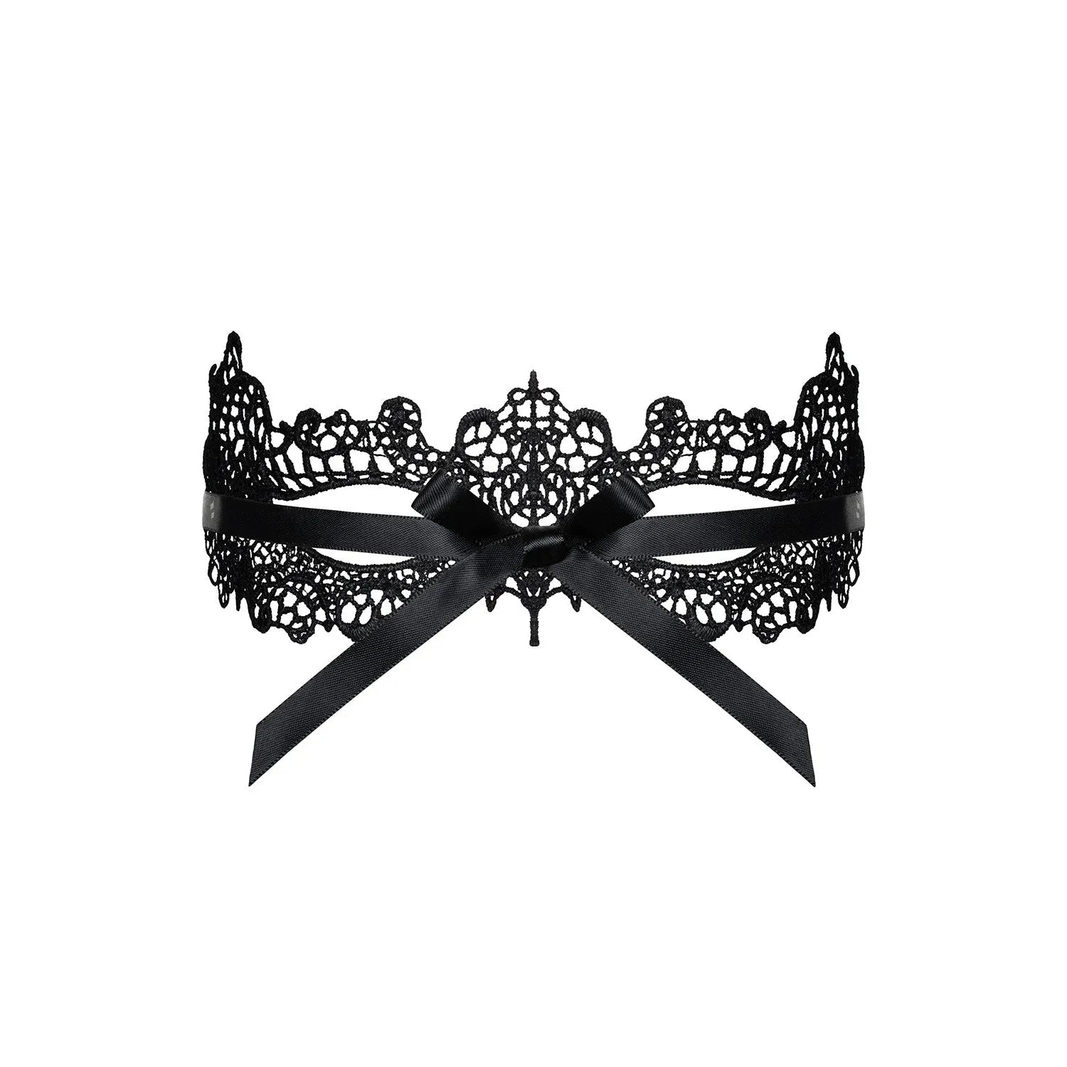 Masque noir élégant en dentelle avec motifs complexes, ruban satin pour soirées, 100% polyester.