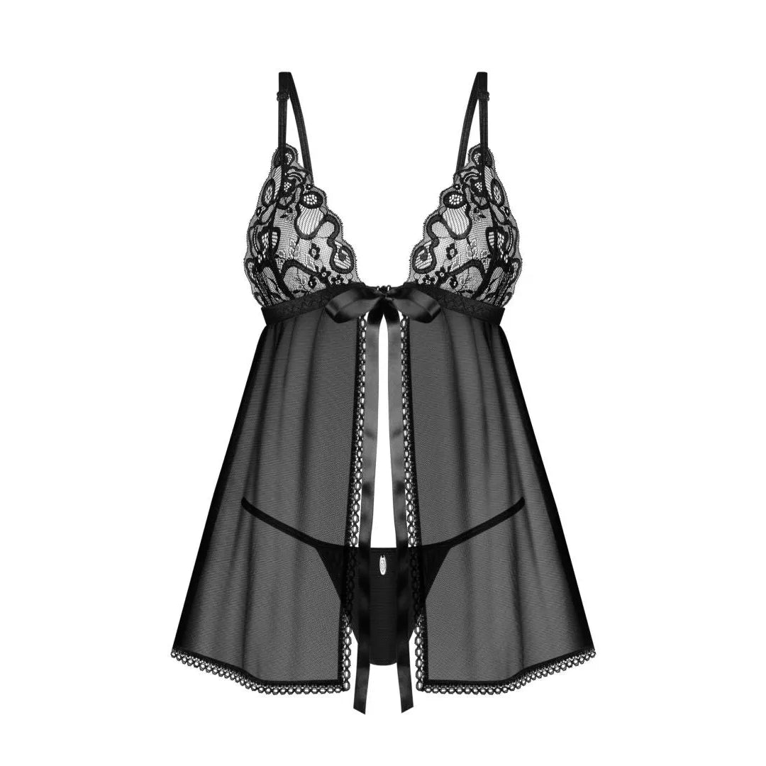 Babydoll noire en dentelle douce avec string assorti, design élégant pour soirées romantiques, Blomentis.