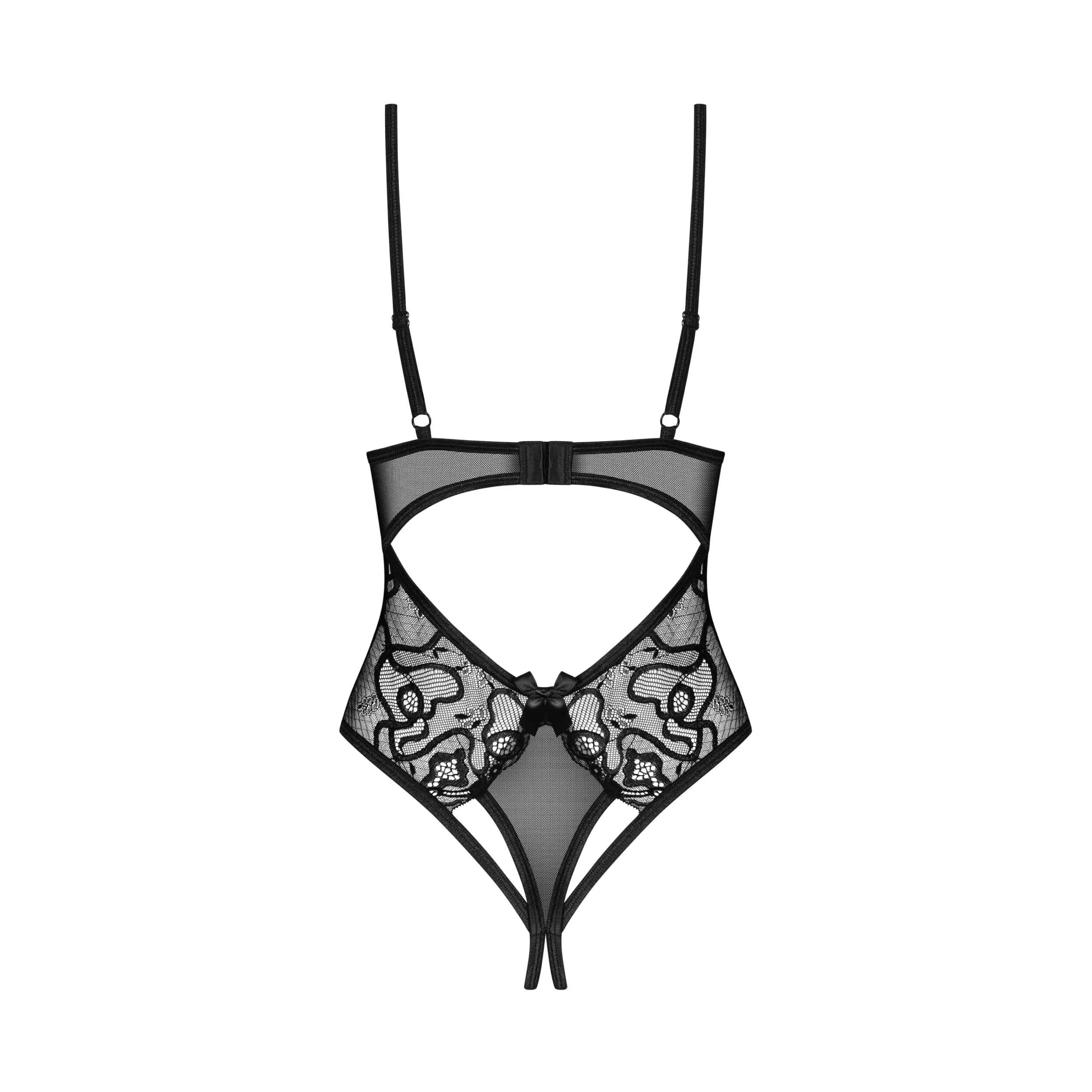 Body noir en dentelle sensuelle avec entrejambe ouvert, design audacieux pour femmes confiantes, silhouette sublimée.