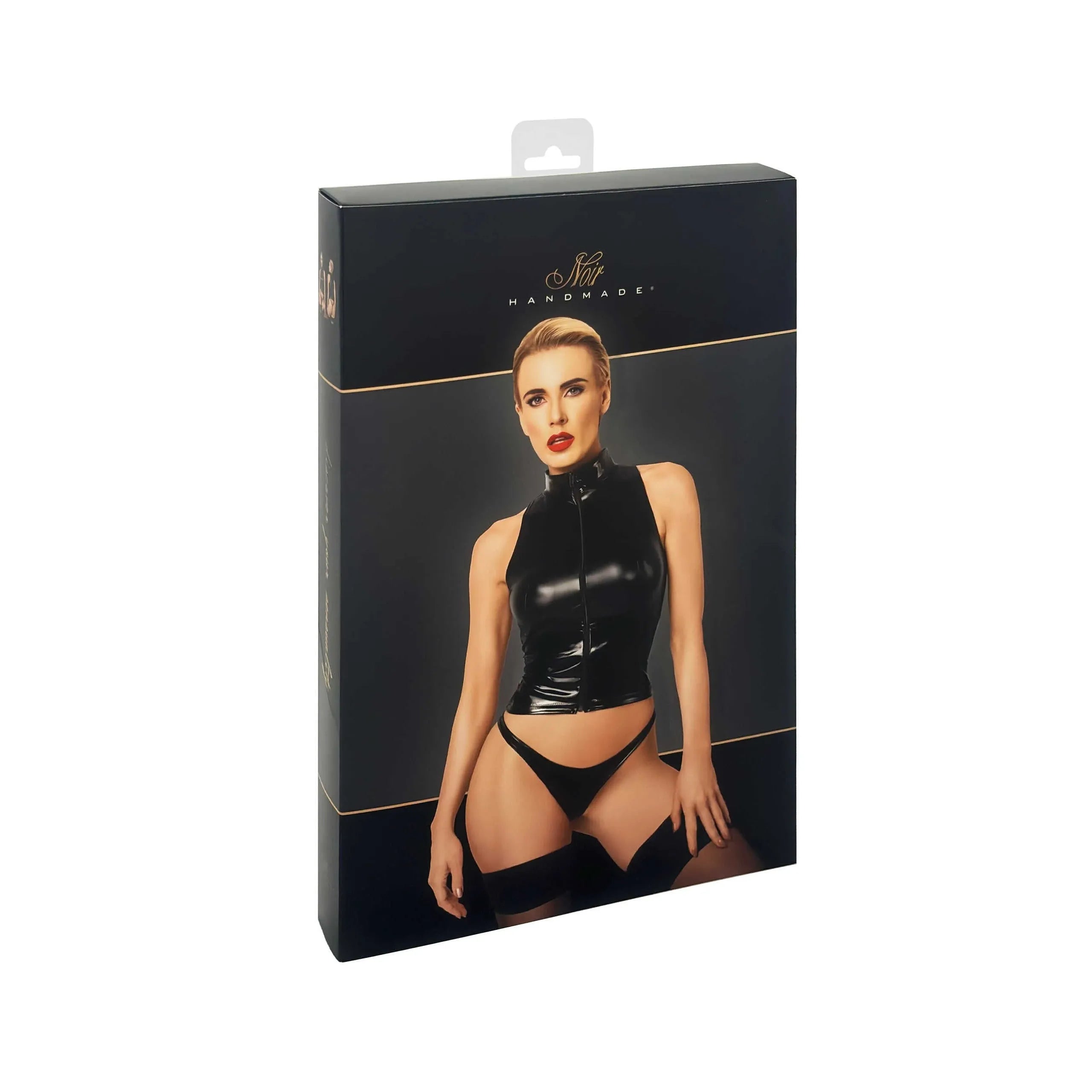 Haut sans manches noir Powerwetlook PVC extensible fermeture zippée col montant sexy
