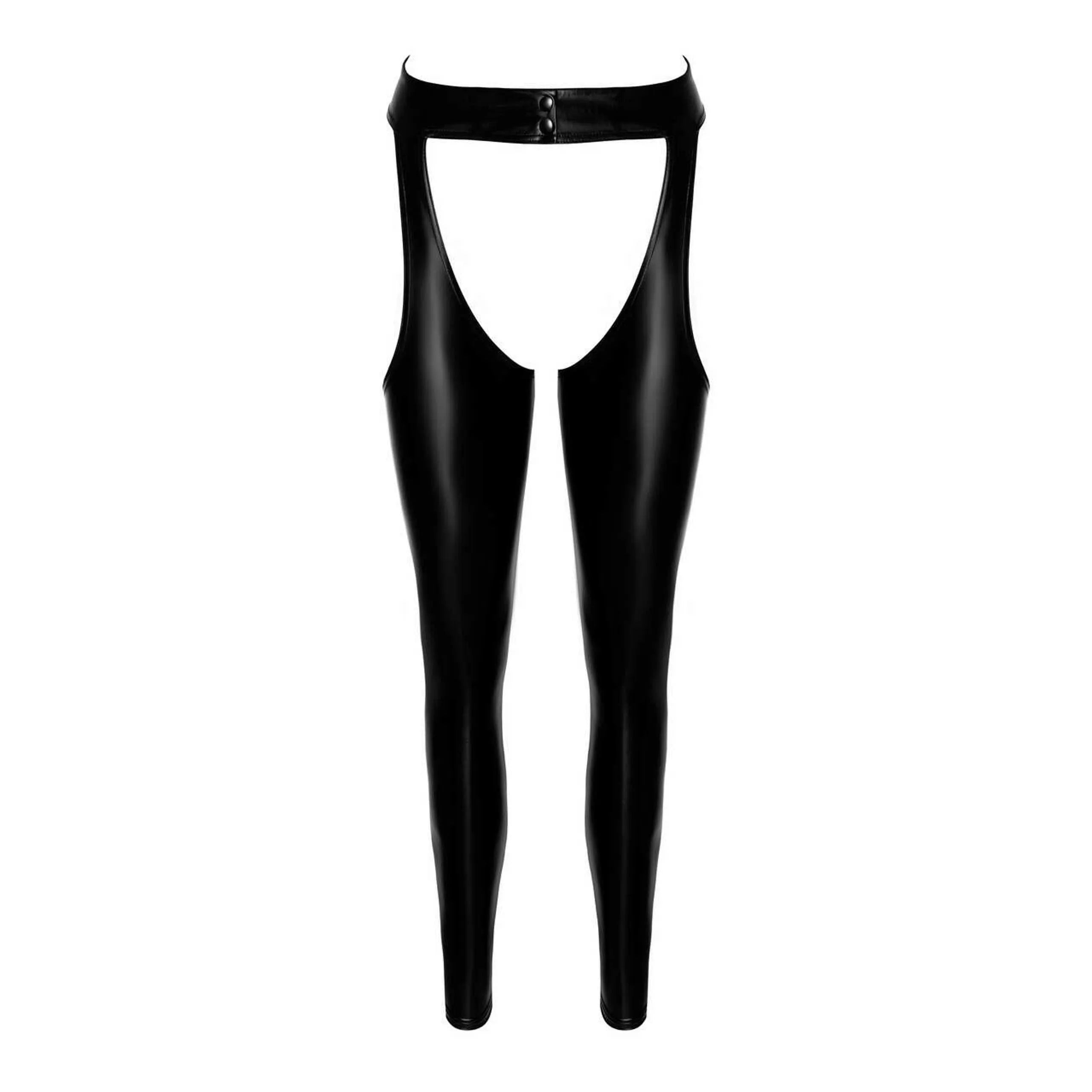 Chaps taille haute noires brillantes, design audacieux et provocant, idéal pour soirées élégantes et confiantes.
