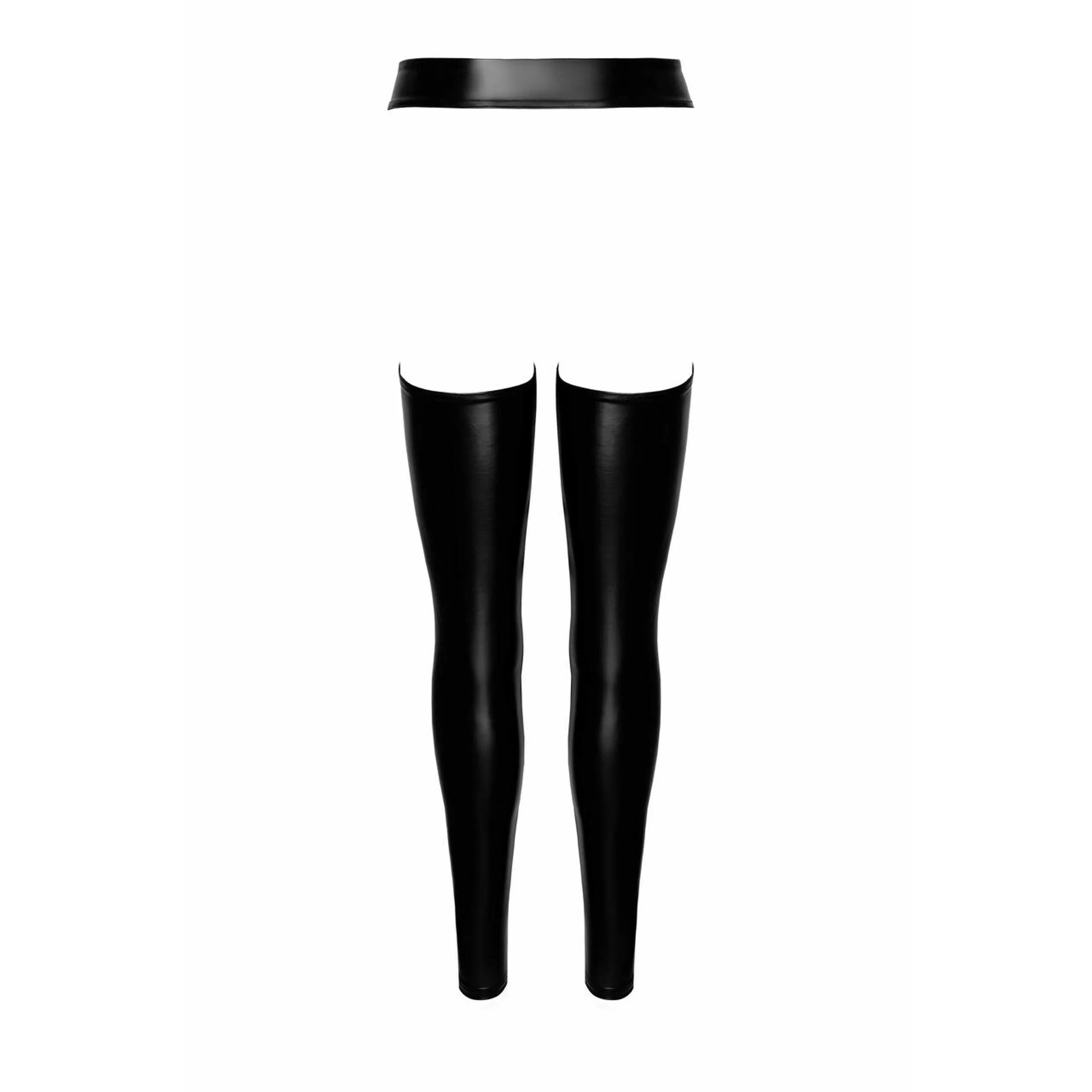 Chaps taille haute noires brillantes, design audacieux et provocant pour soirée, silhouette élancée.