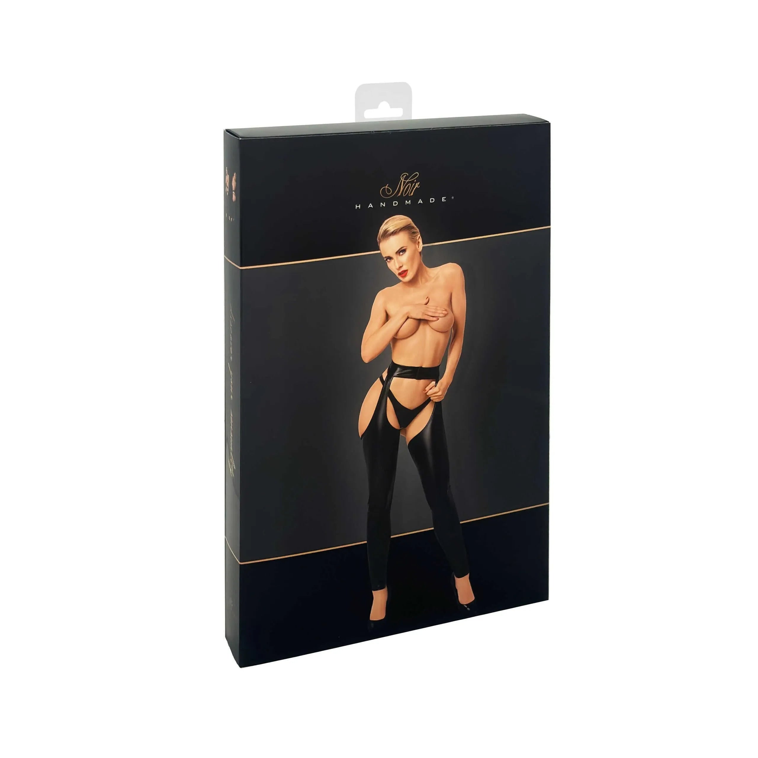 Chaps taille haute noires brillantes, design provocant, silhouette élancée, soirée audacieuse.