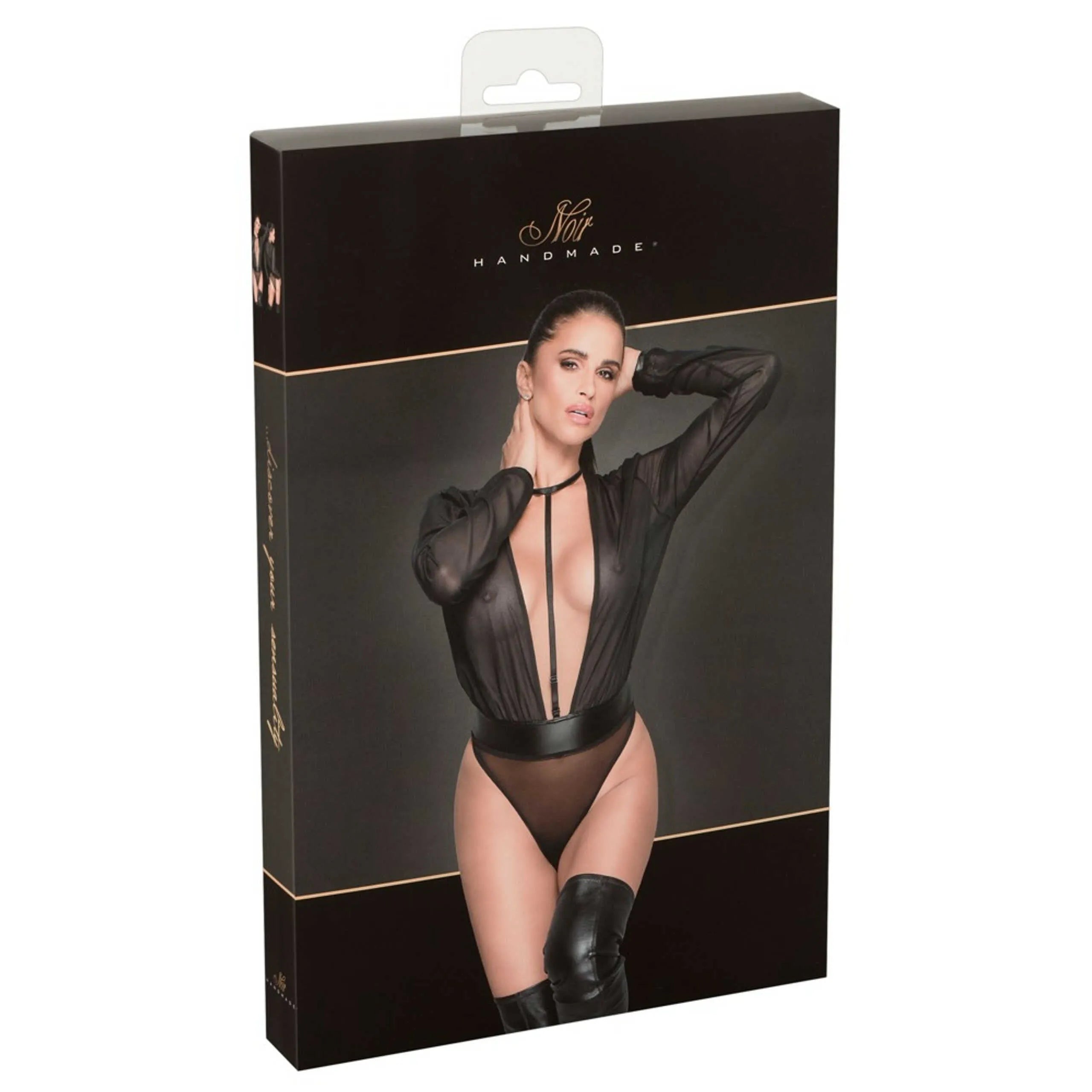 Body transparent noir manches longues mousseline, sangle réglable effet mouillé, élégance et sensualité.