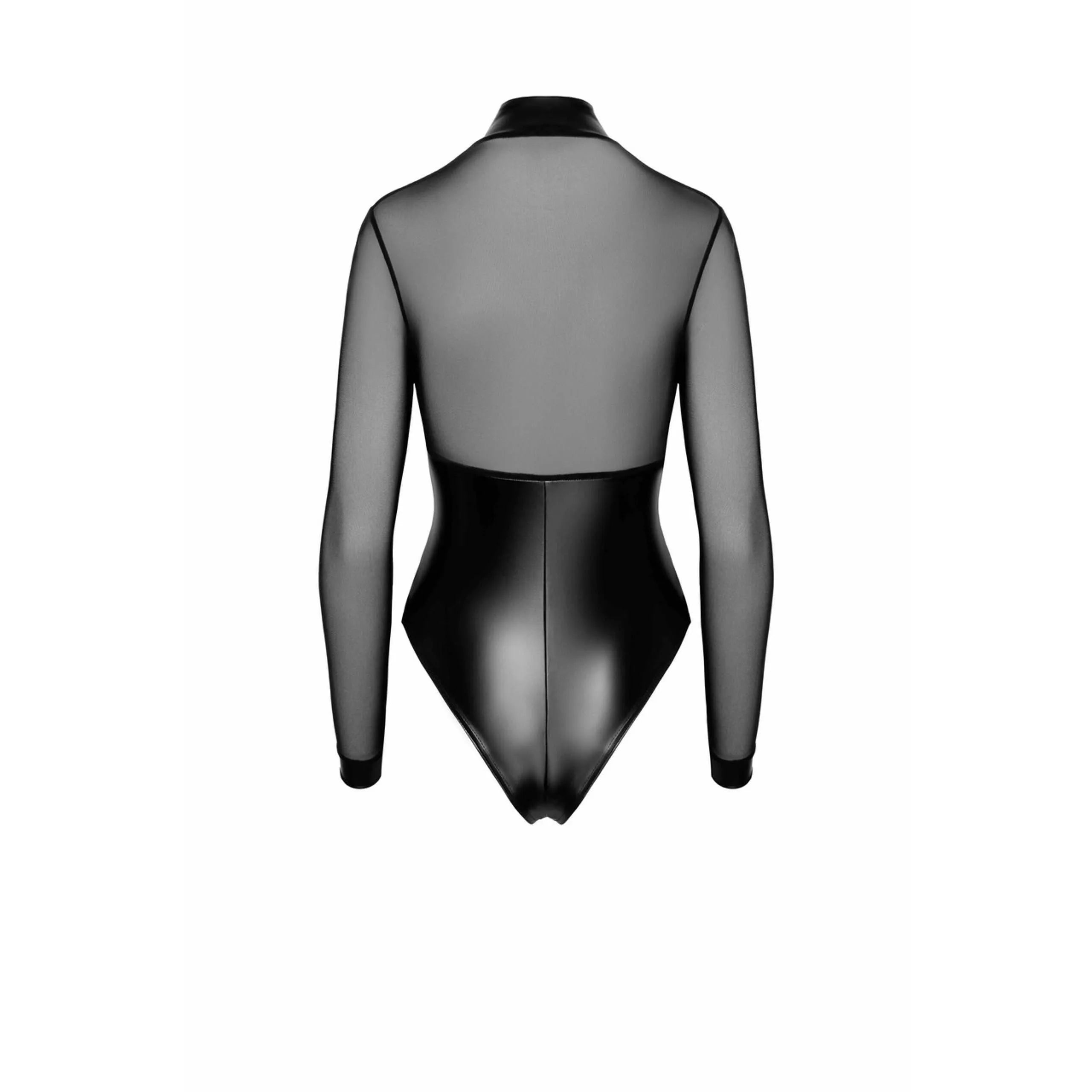 Body moulant noir transparent en tulle avec anneaux métalliques, manches longues, design séduisant pour moments intimes.