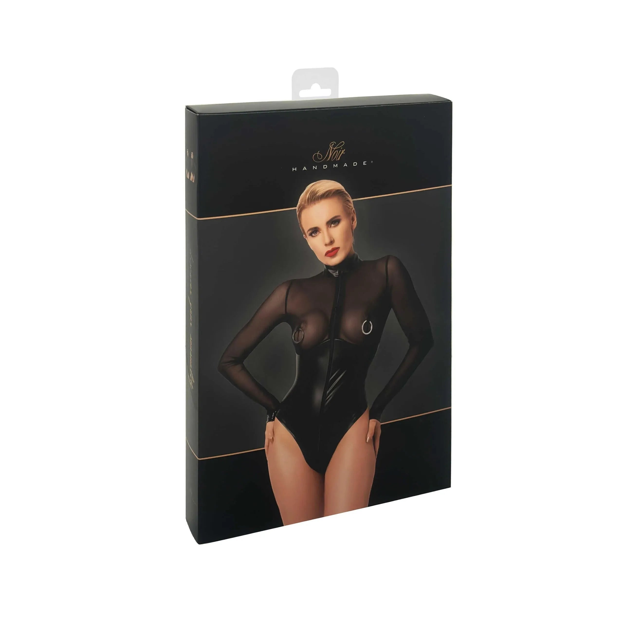 Body moulant transparent noir en tulle avec anneaux métalliques, soulignant les courbes pour moments intimes séduisants.