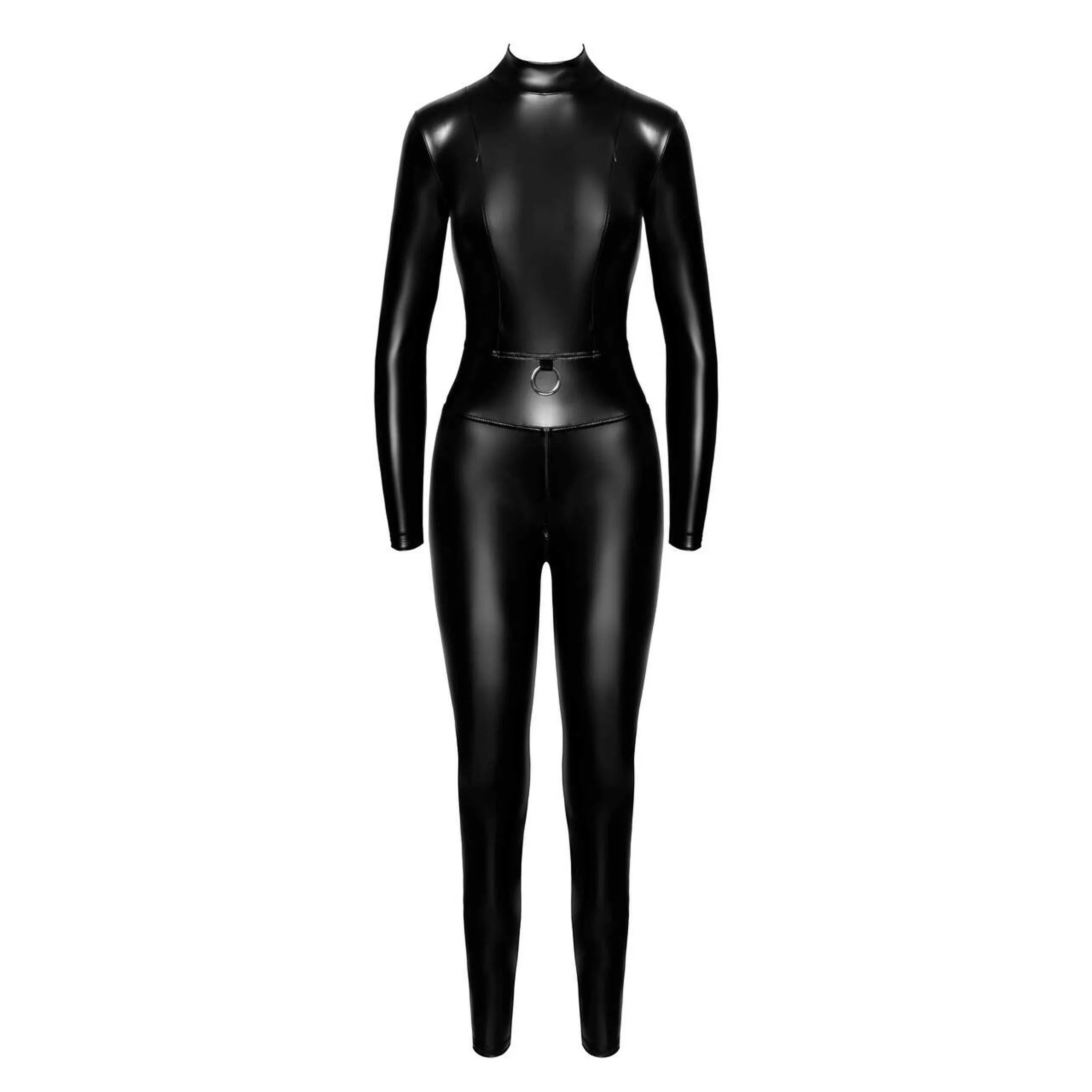 Combinaison moulante noire Powerwetlook avec fermetures éclair et anneau métallique, style audacieux et élégant.