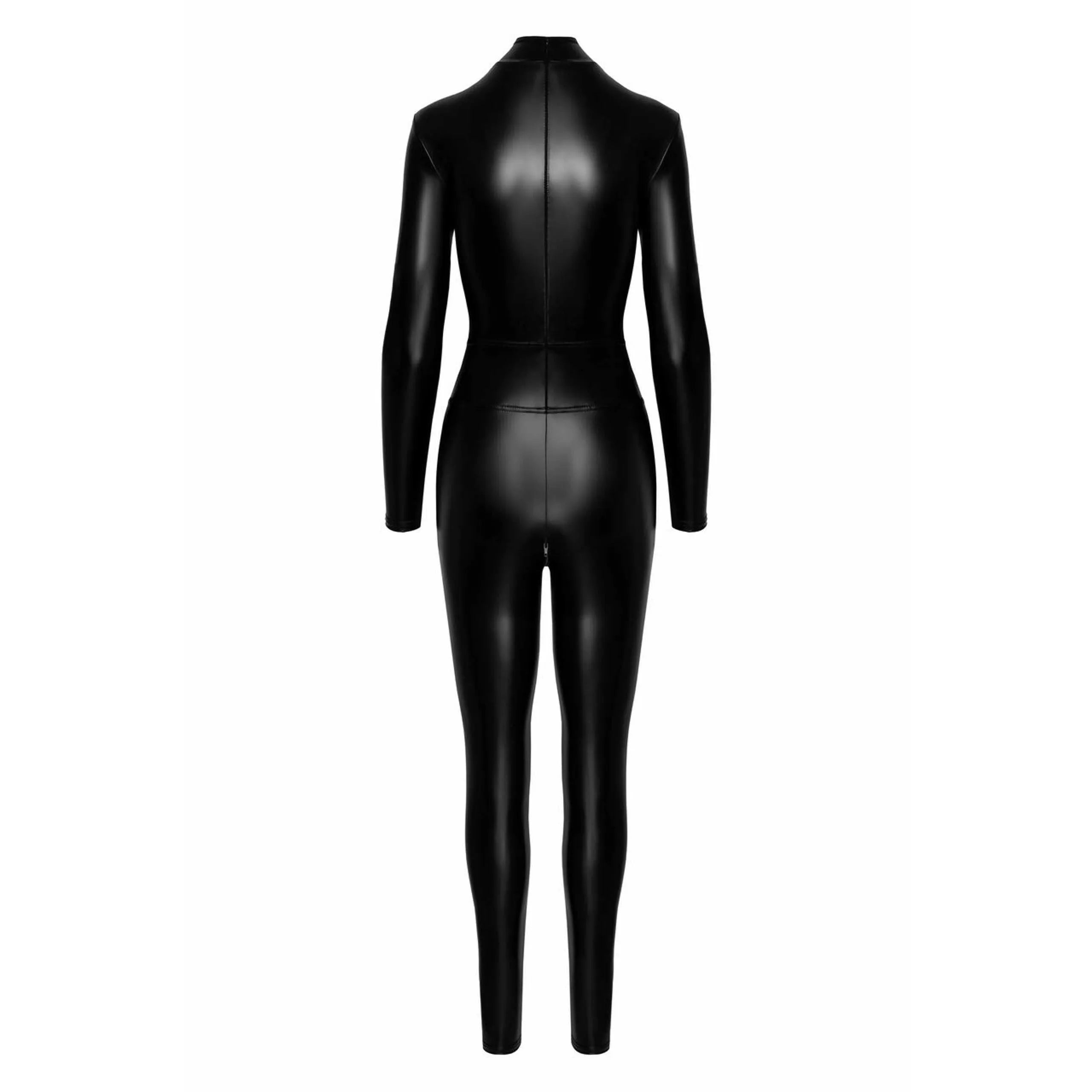 Combinaison moulante noire Powerwetlook avec fermetures éclair et anneau métallique, style audacieux et élégant.