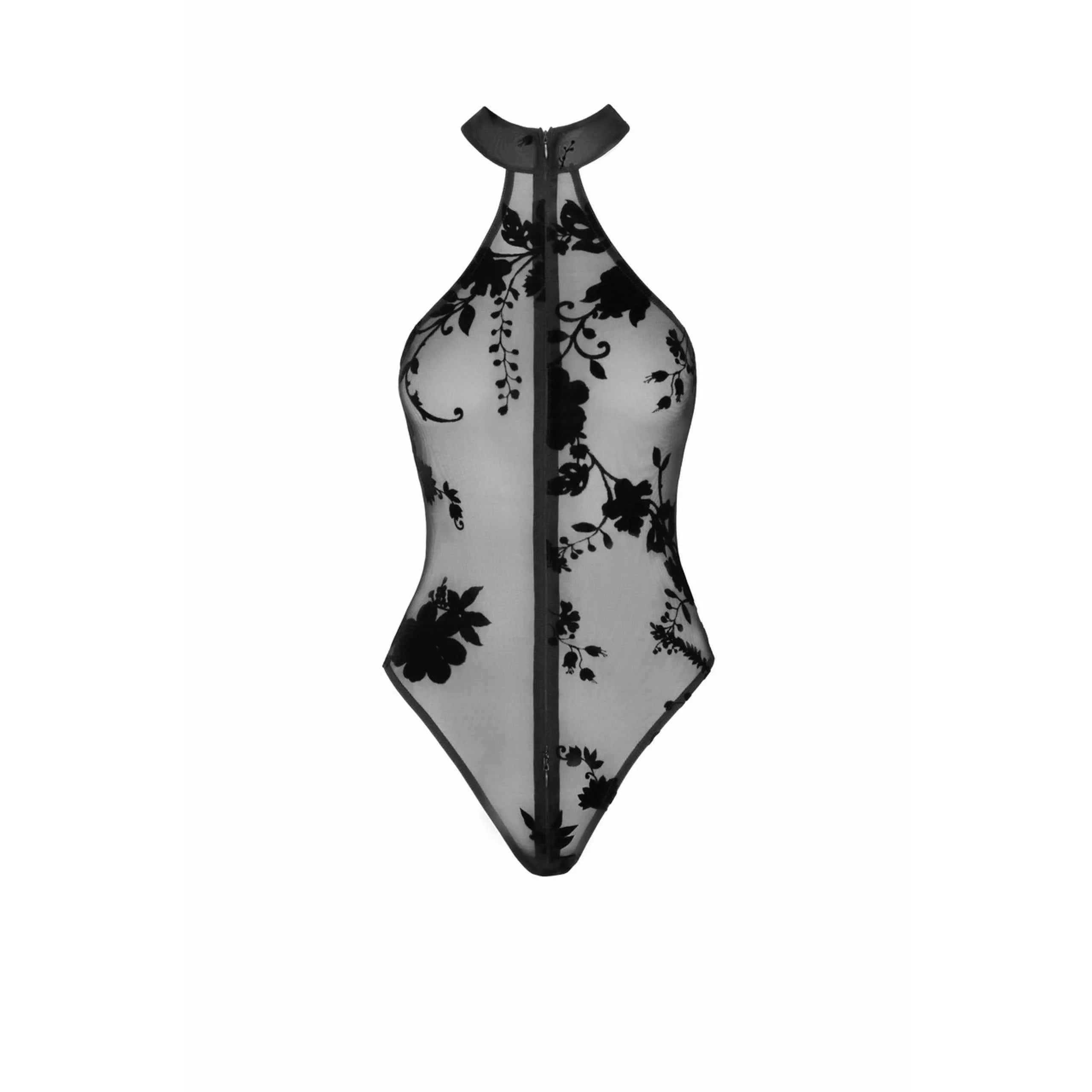 Combinaison licou noire en maille floquée fleurs sauvages, dos nu, fermeture éclair, élégante et séduisante.