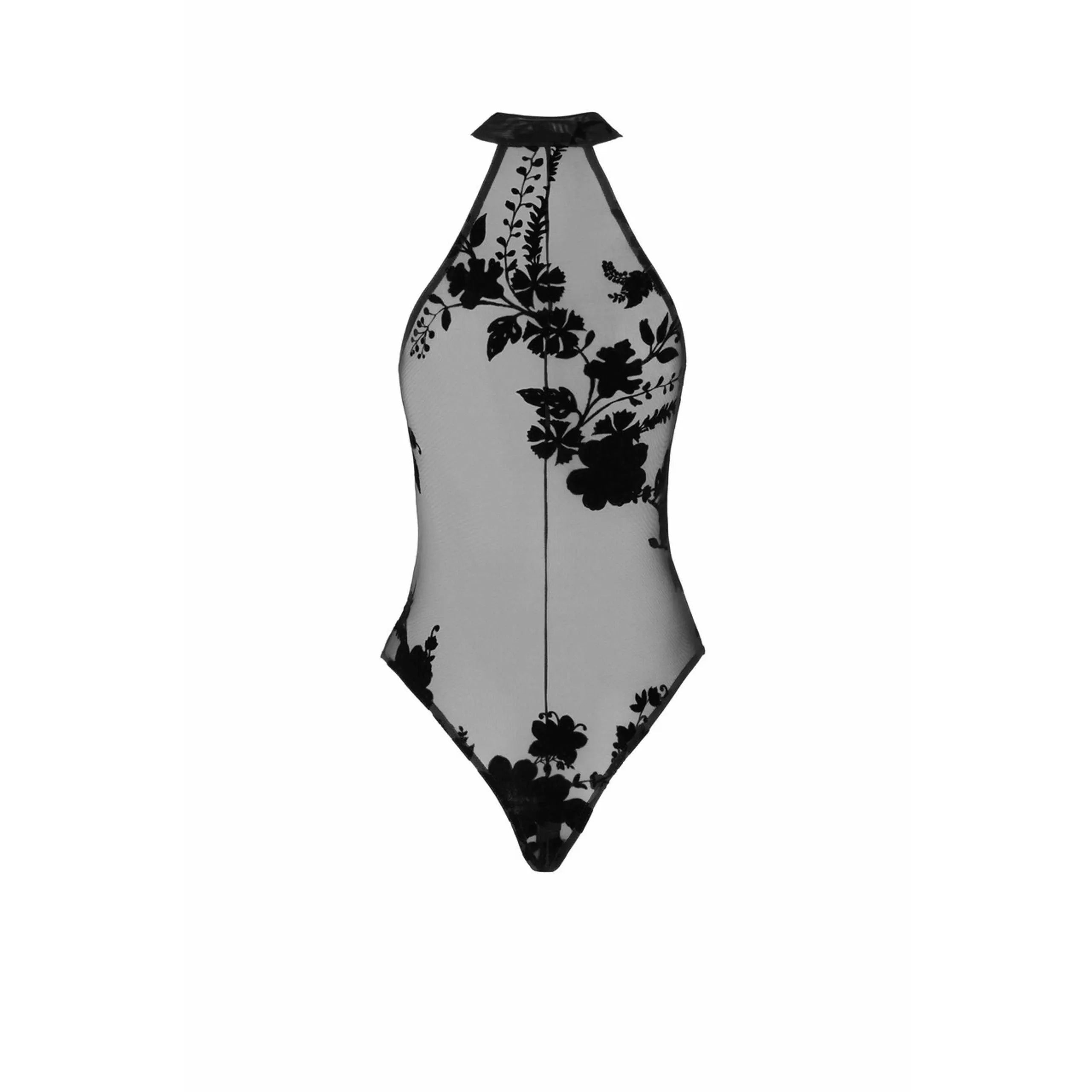 Combinaison licou noire en maille floquée fleurs sauvages, dos nu, fermeture éclair, élégante et sophistiquée.