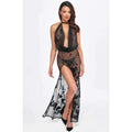 Robe longue dos nu maille floquée transparente col velours sexy