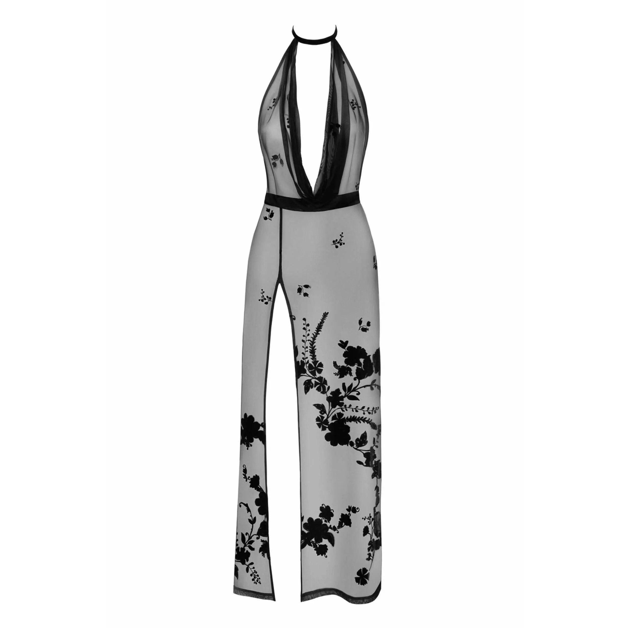 Robe longue dos nu maille floquée transparente col velours sexy