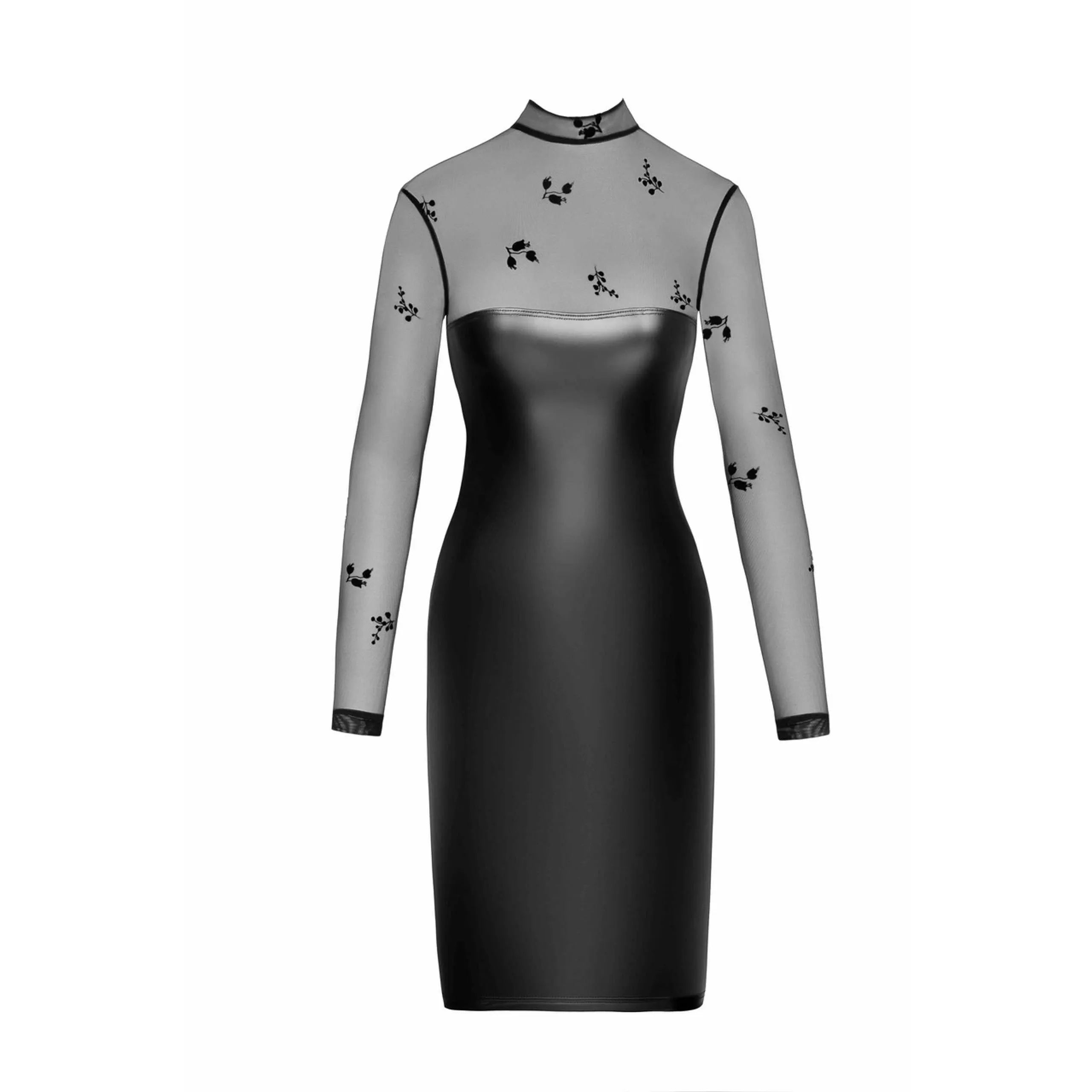 Robe midi élastique wetlook maille floquée manches longues élégante