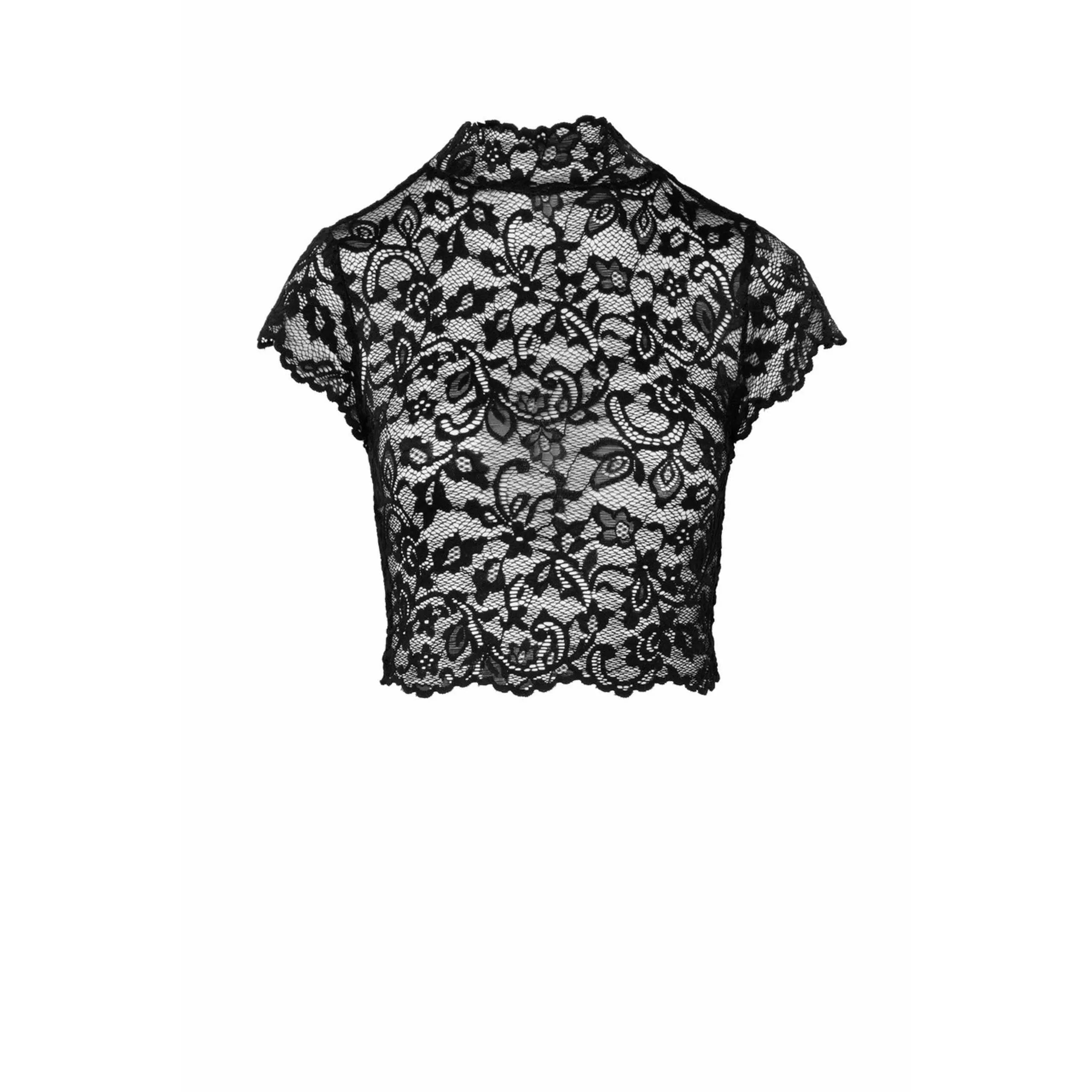 Top dentelle élastique transparent manches capuchon col montant fermeture crochet
