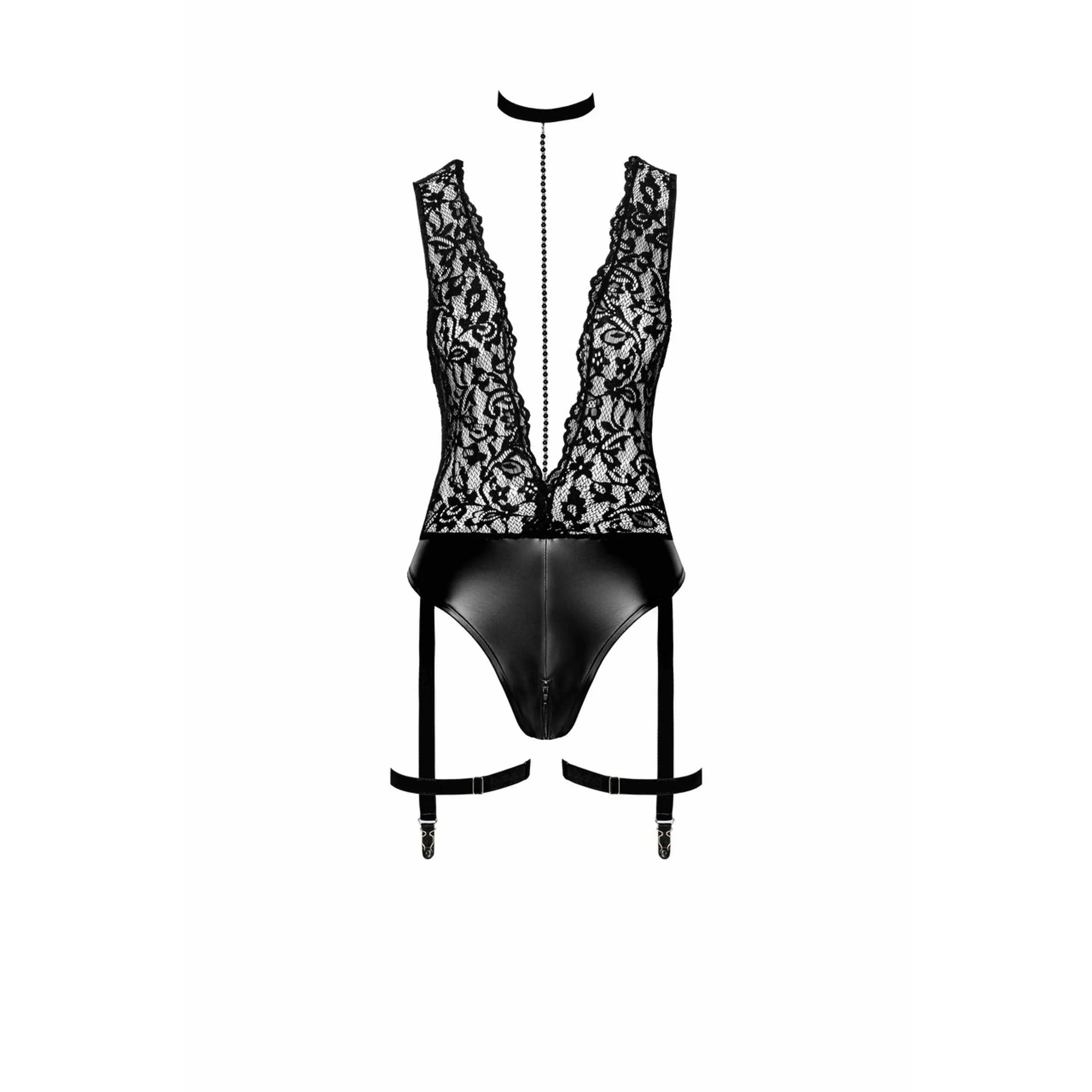 Body noir dentelle wetlook avec collier chaîne, perles, jarretelles amovibles, décolleté plongeant élégant et provocant.