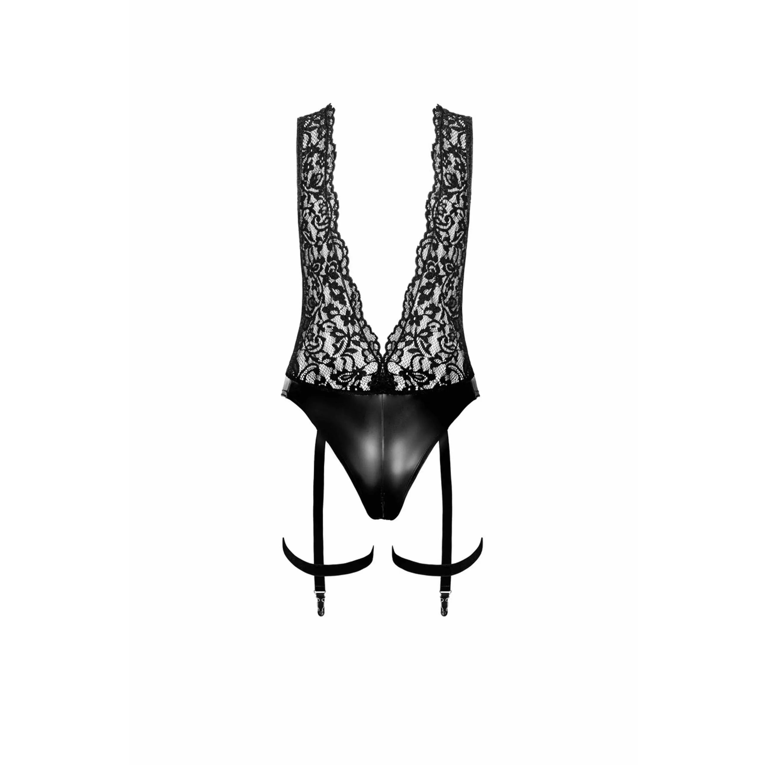 Body noir décolleté dentelle wetlook, collier chaîne perles, jarretelles amovibles, élégant et provocant.