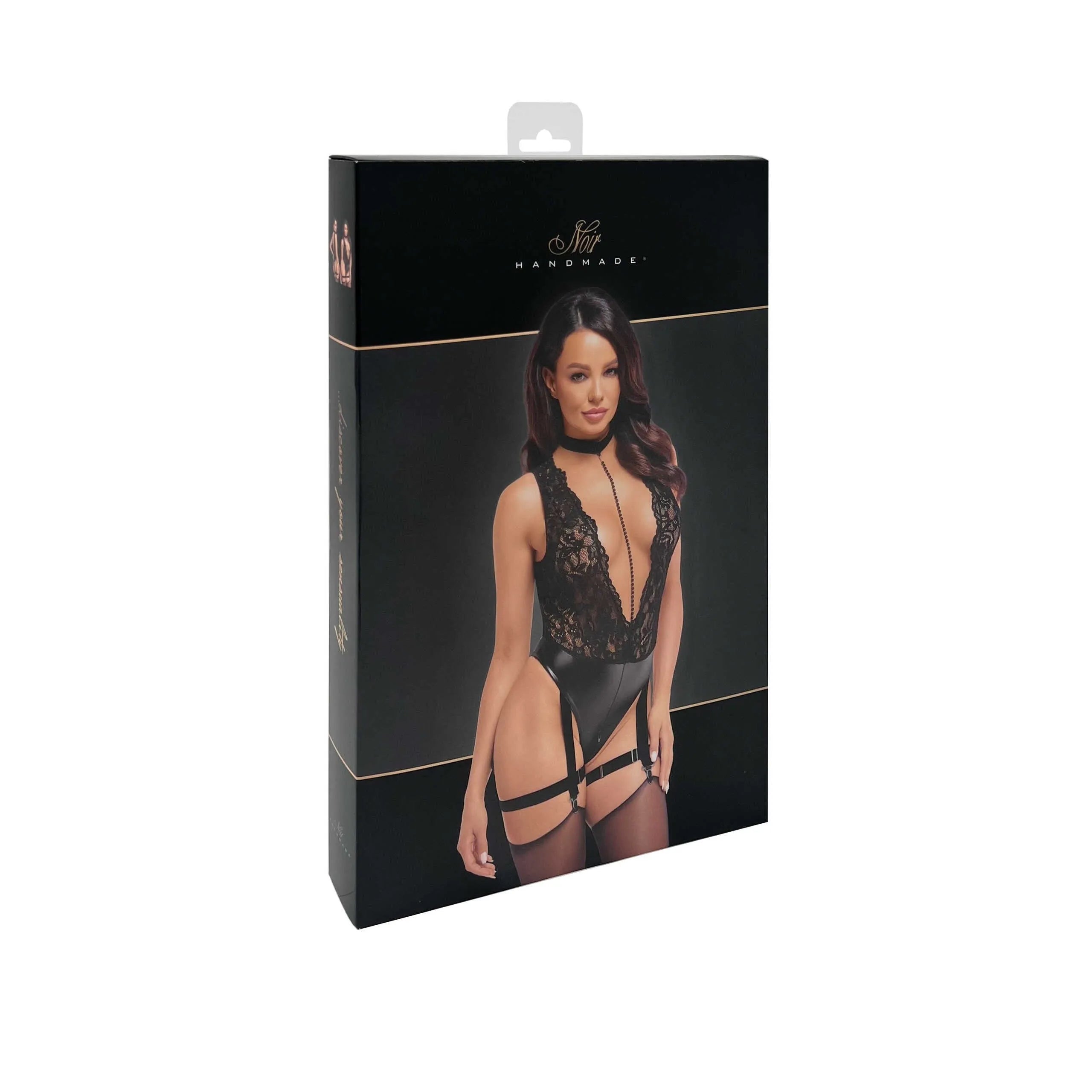Body noir décolleté dentelle wetlook avec collier chaîne, perles et jarretelles amovibles, élégant et provocant.