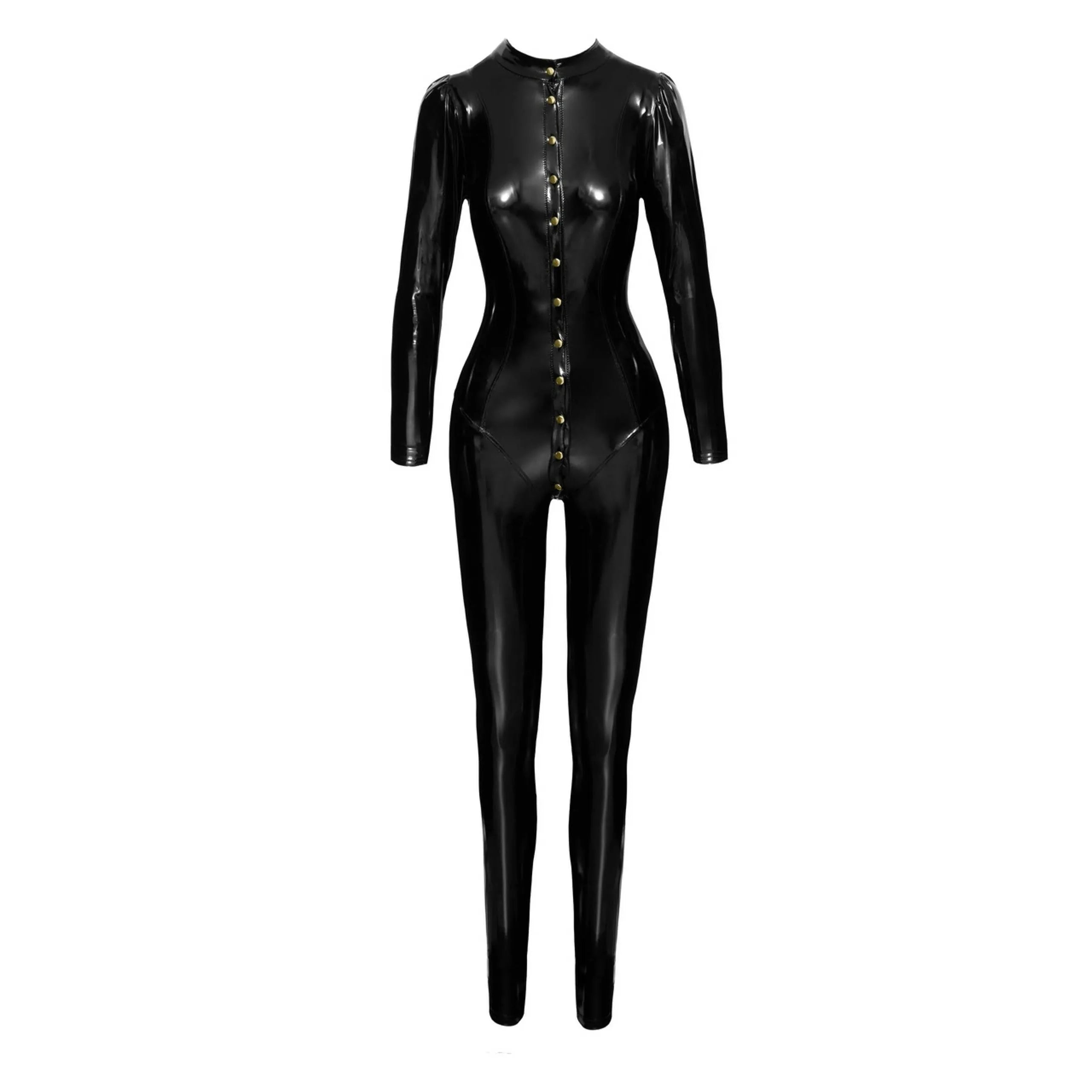 Combinaison longue PVC noire boutonnée, silhouette ajustée, coutures élégantes, style chic et provocant.