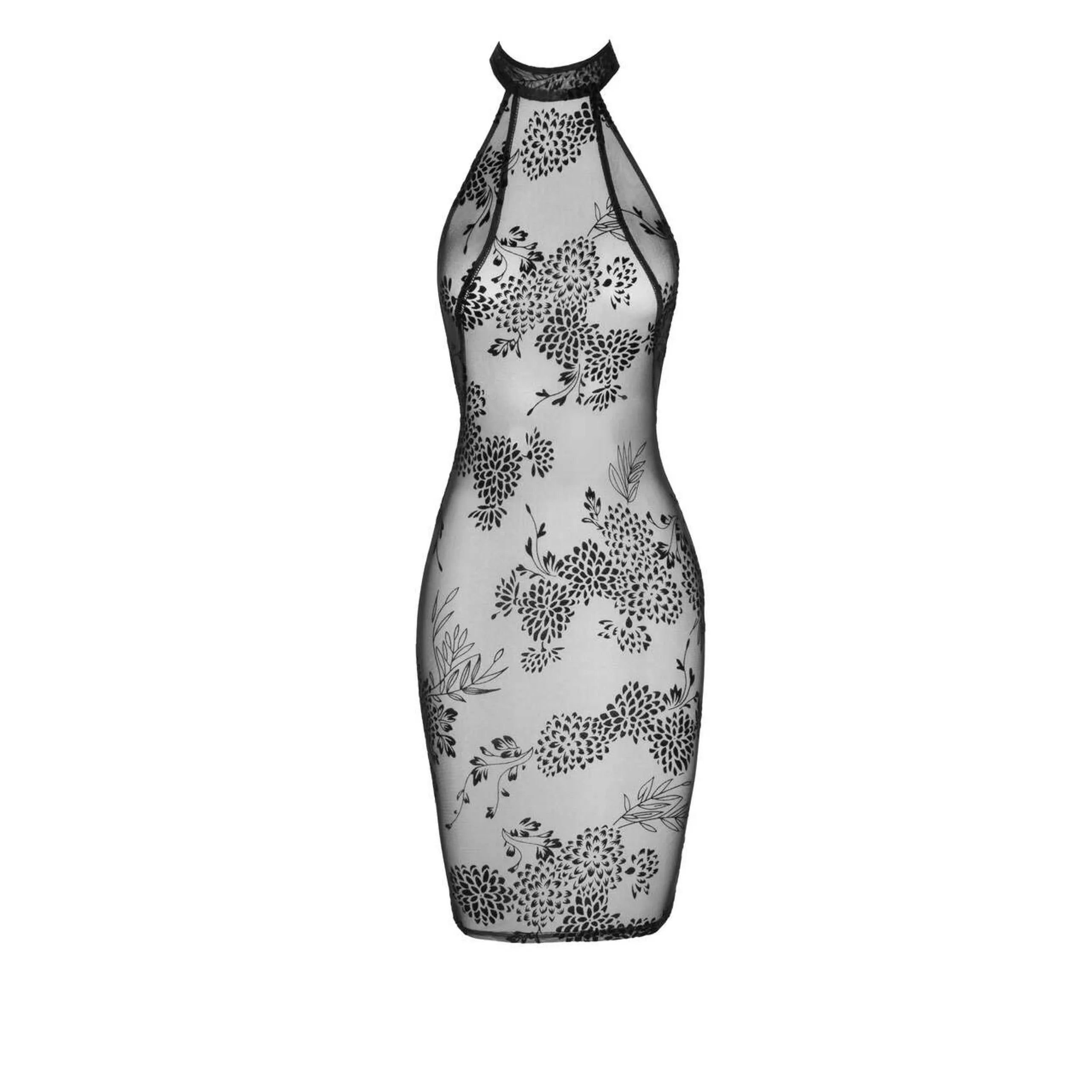 Robe midi tulle broderie transparente bretelles velours dos nu élégante