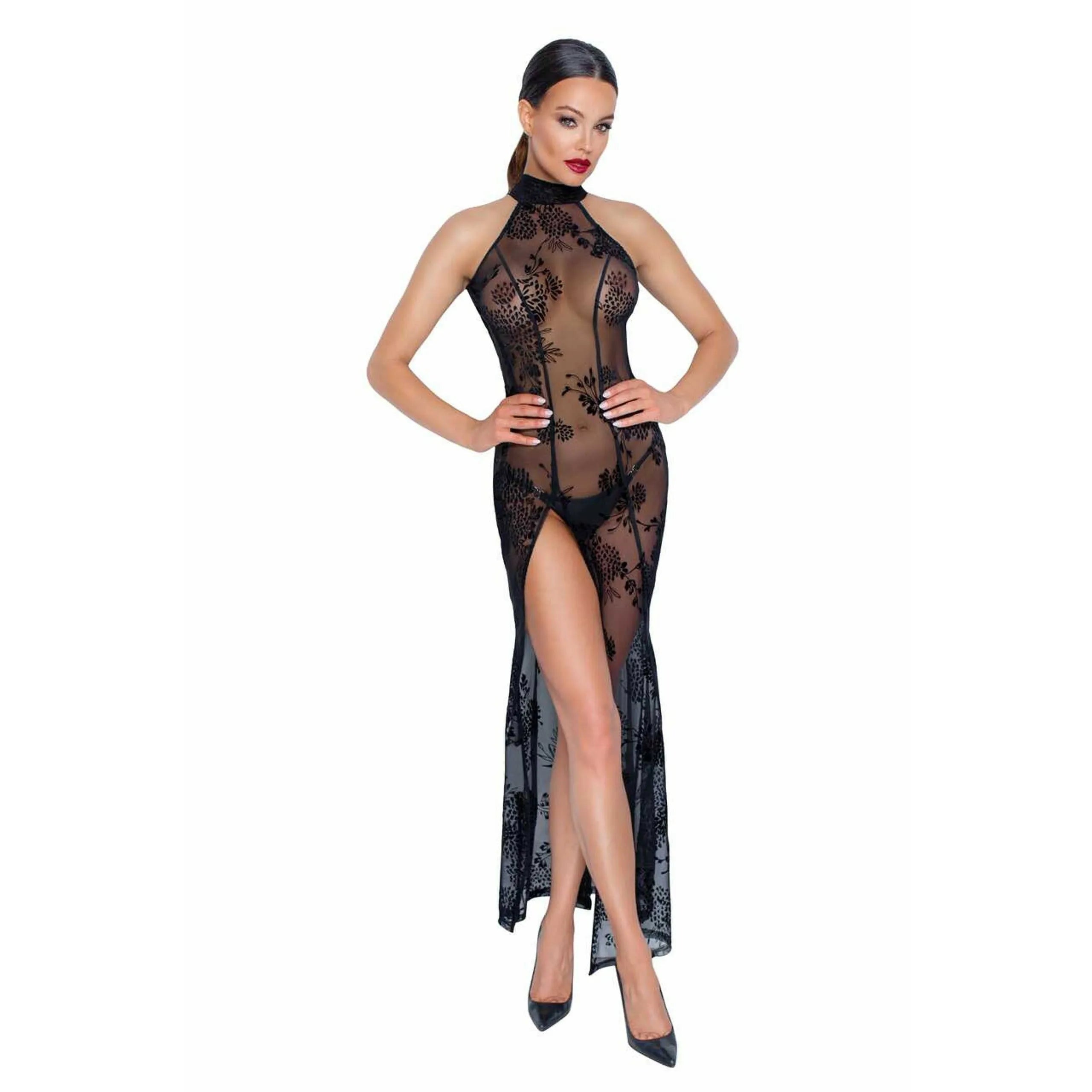Robe longue tulle transparent broderies florales dos nu soirée chic