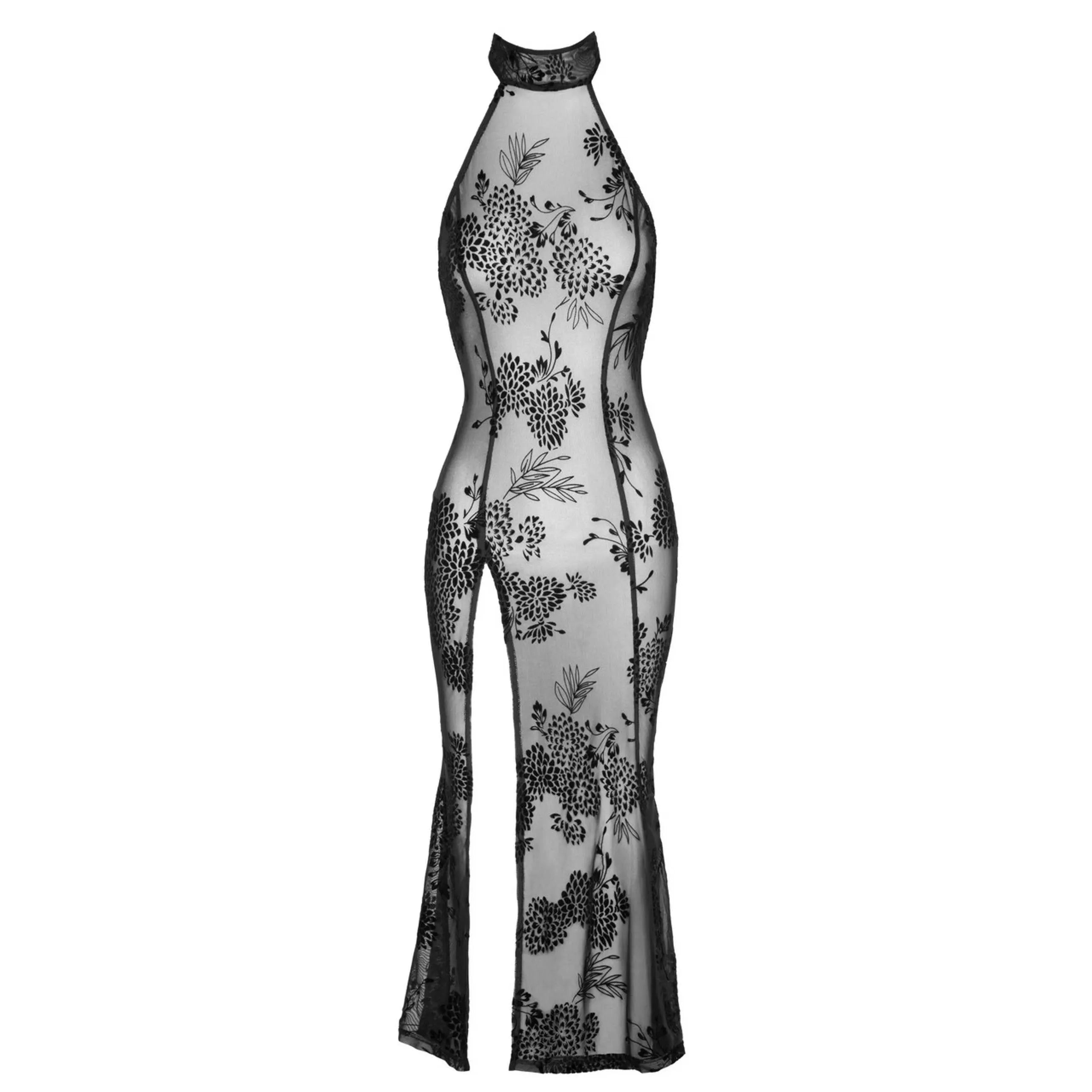 Robe longue tulle transparent broderies florales dos nu soirée chic