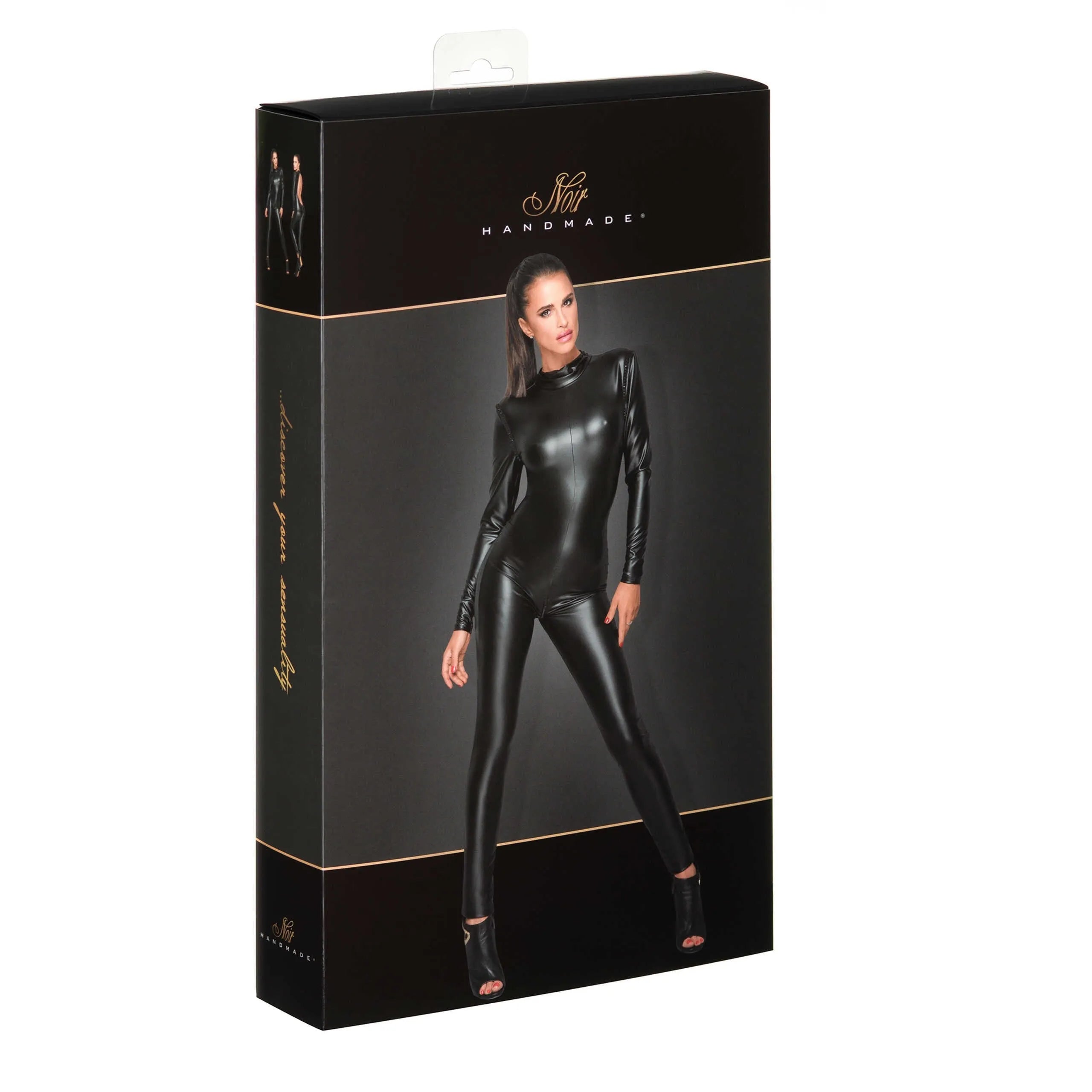 Combinaison noire Powerwetlook élastique avec cristaux, fermeture éclair, manches longues, accentue les courbes féminines.
